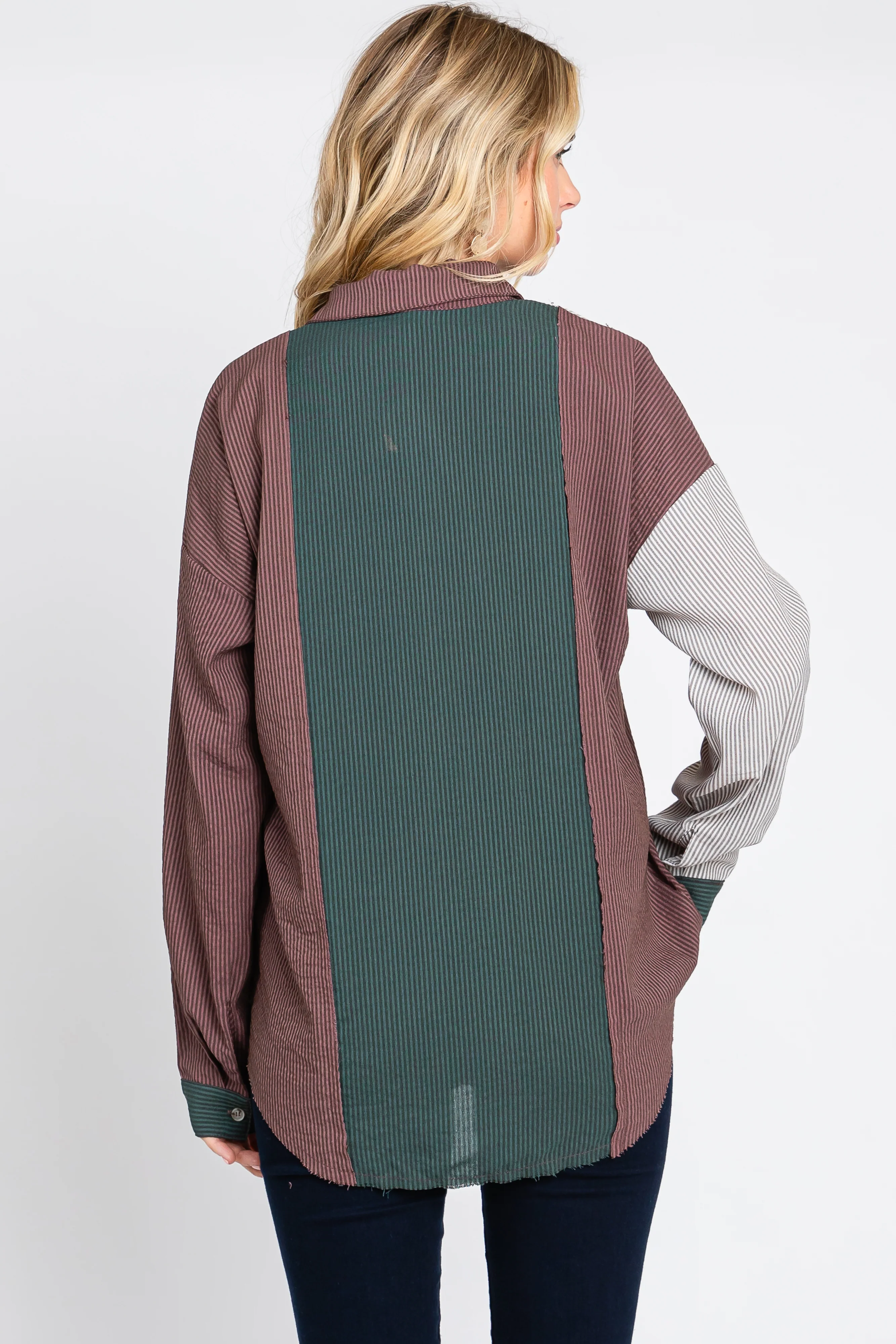 Multi-Color Striped Color Blocked Button-Down Top - Image 4