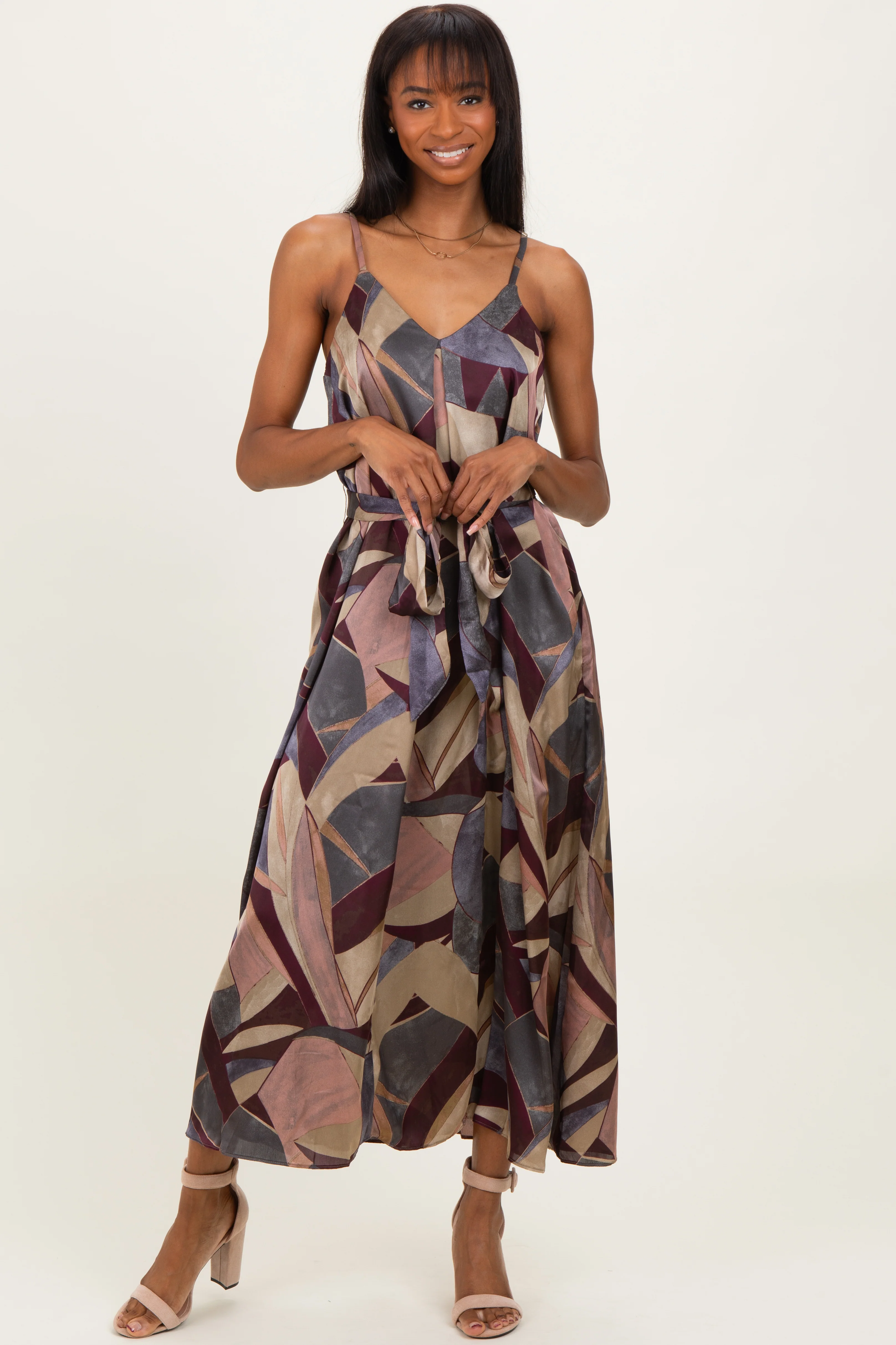 Multicolor Abstract Print Sash Tie Maternity Maxi Dress - Image 4