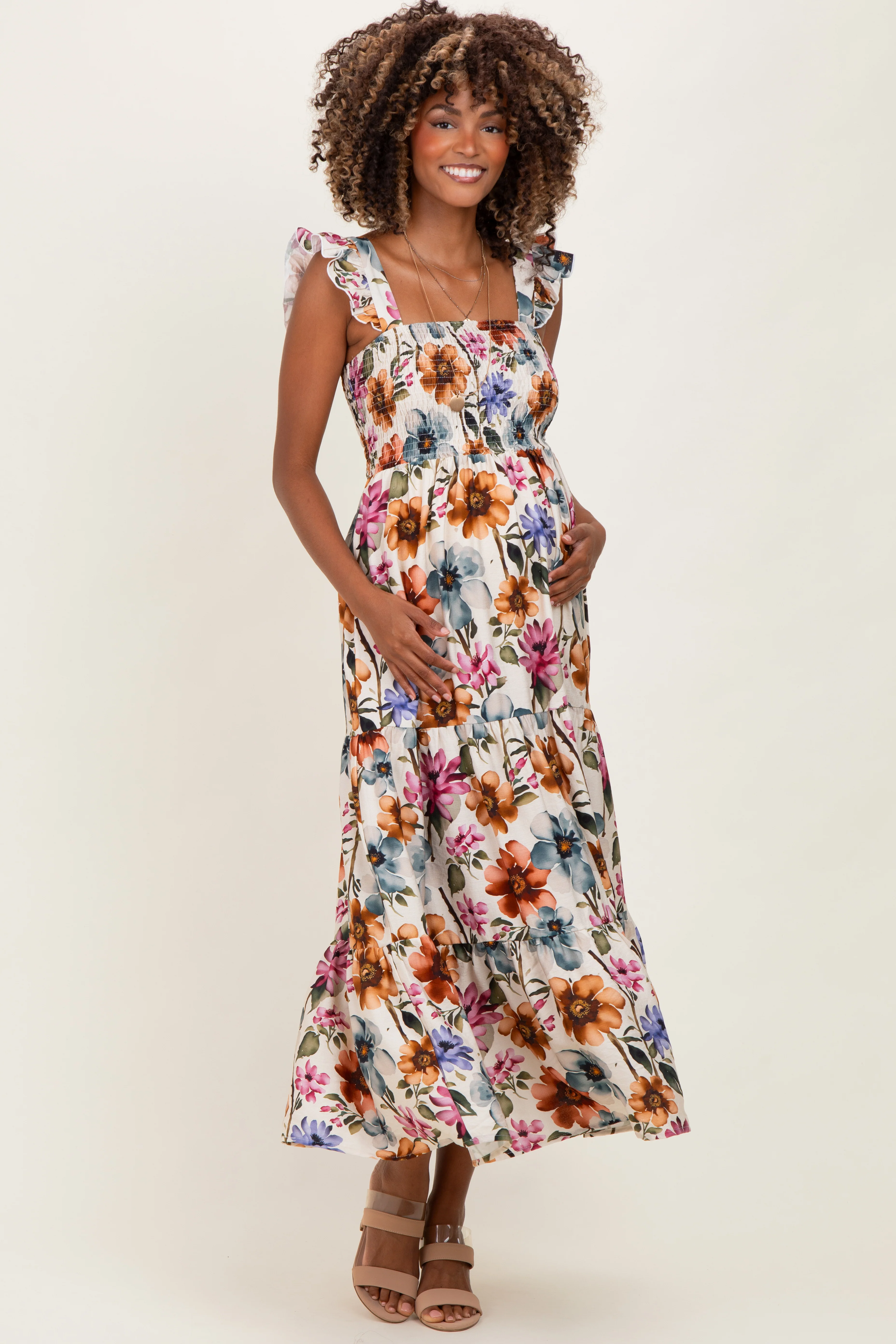 Multicolor Floral Smocked Tiered Maternity Maxi Dress - Image 3