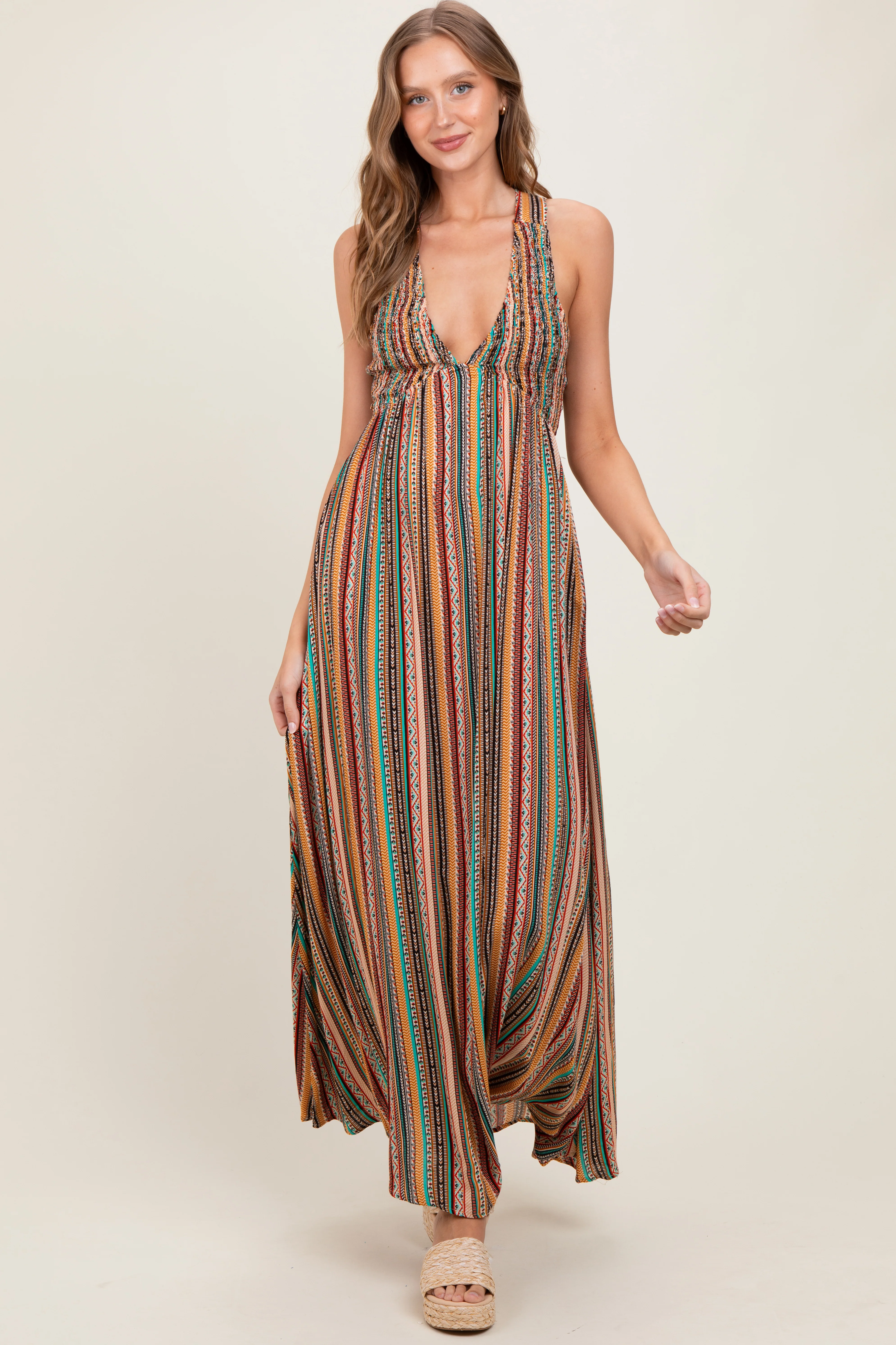 Multicolor Printed Halter Tie Back Cutout Maternity Maxi Dress - Image 4