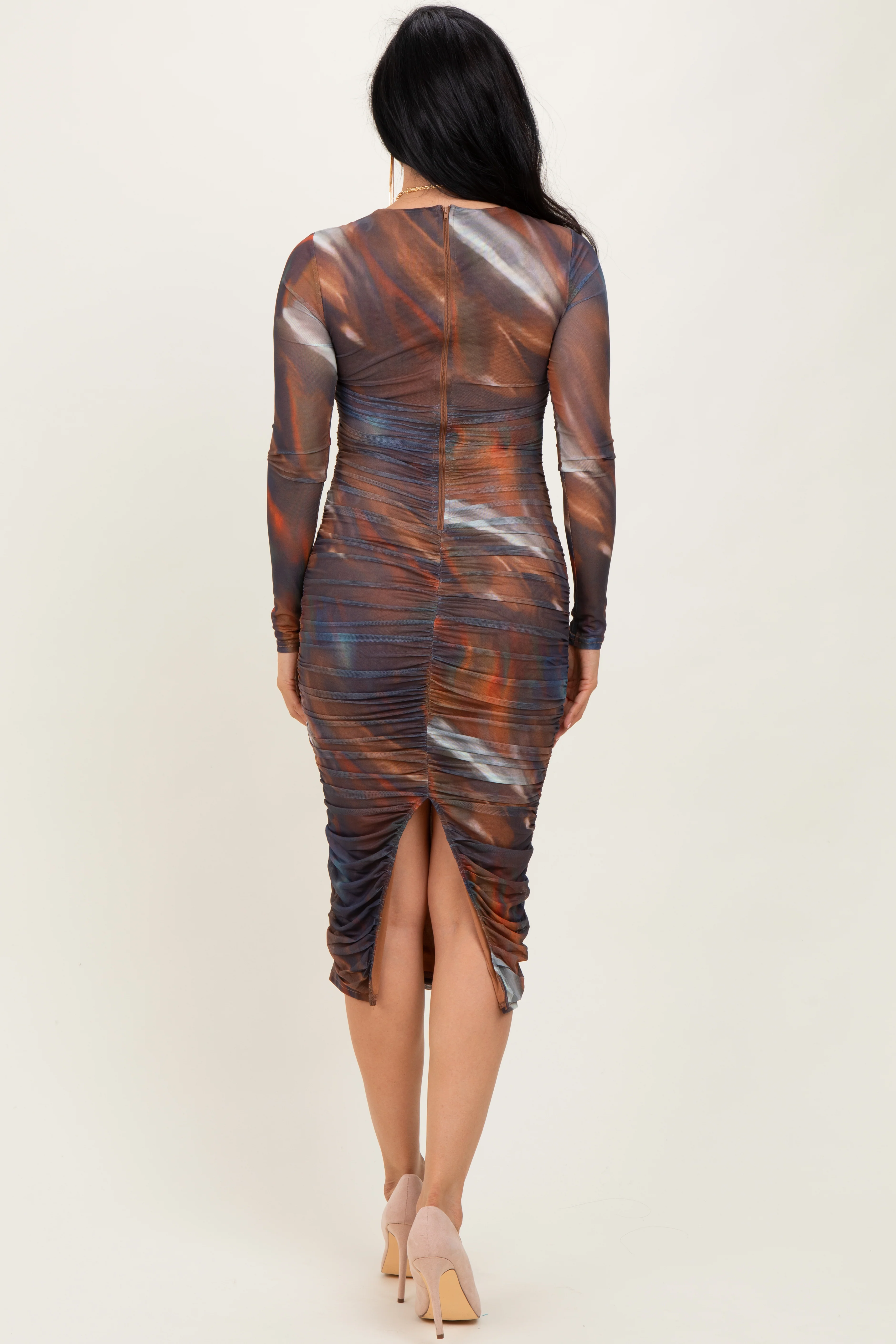 Multicolor Printed Mesh Ruched Long Sleeve Midi Dress - Image 4