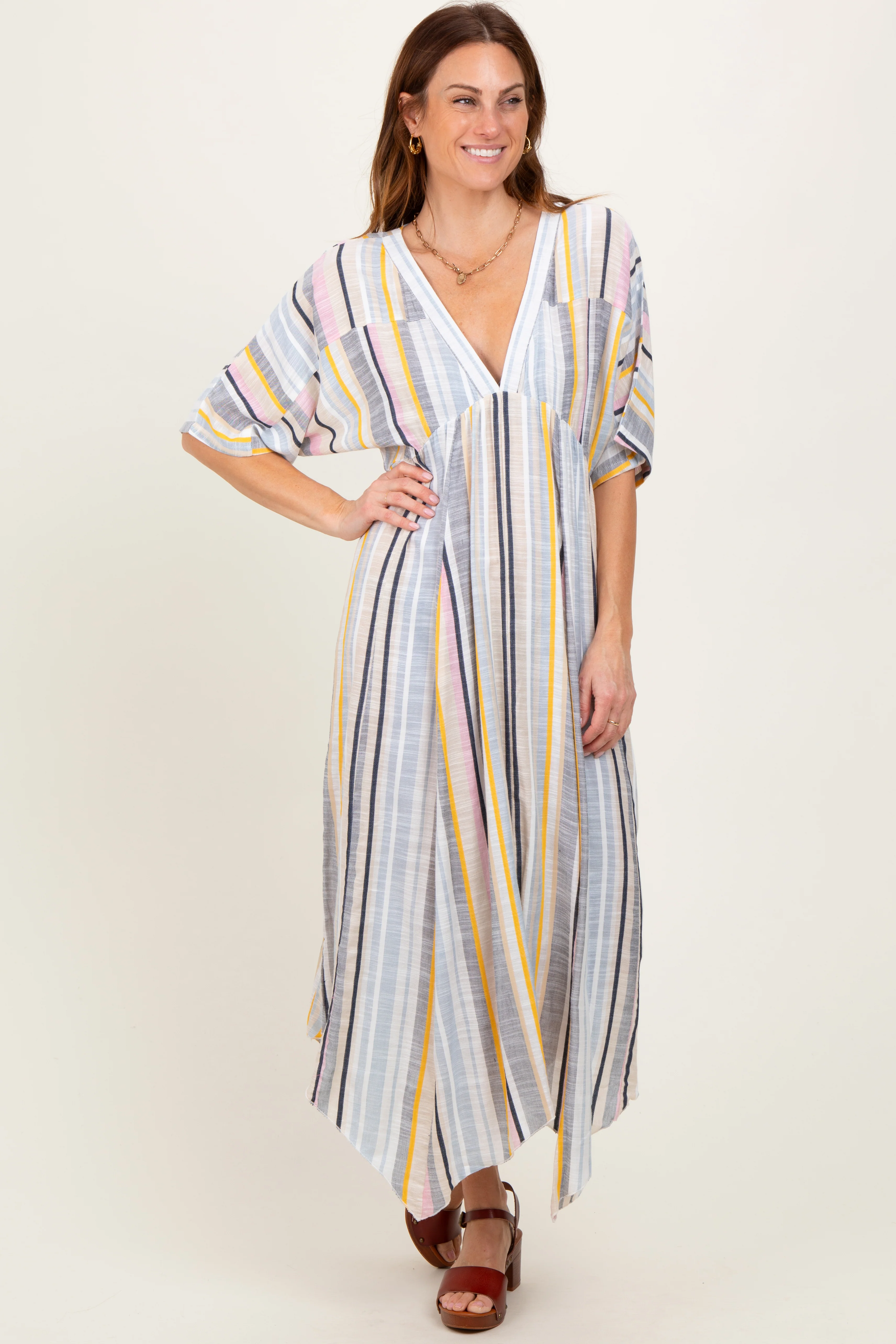 Multicolor Striped Handkerchief Hem Maxi Dress - Image 2