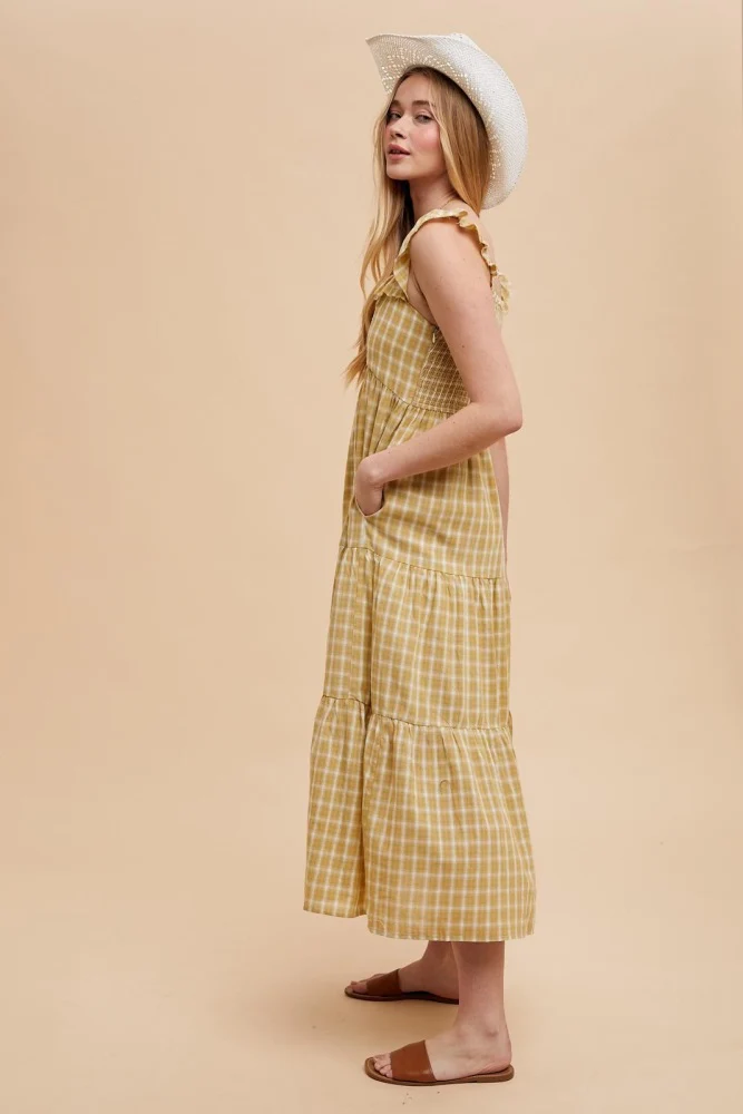 Mustard Cotton Plaid Maxi Dress - Image 4