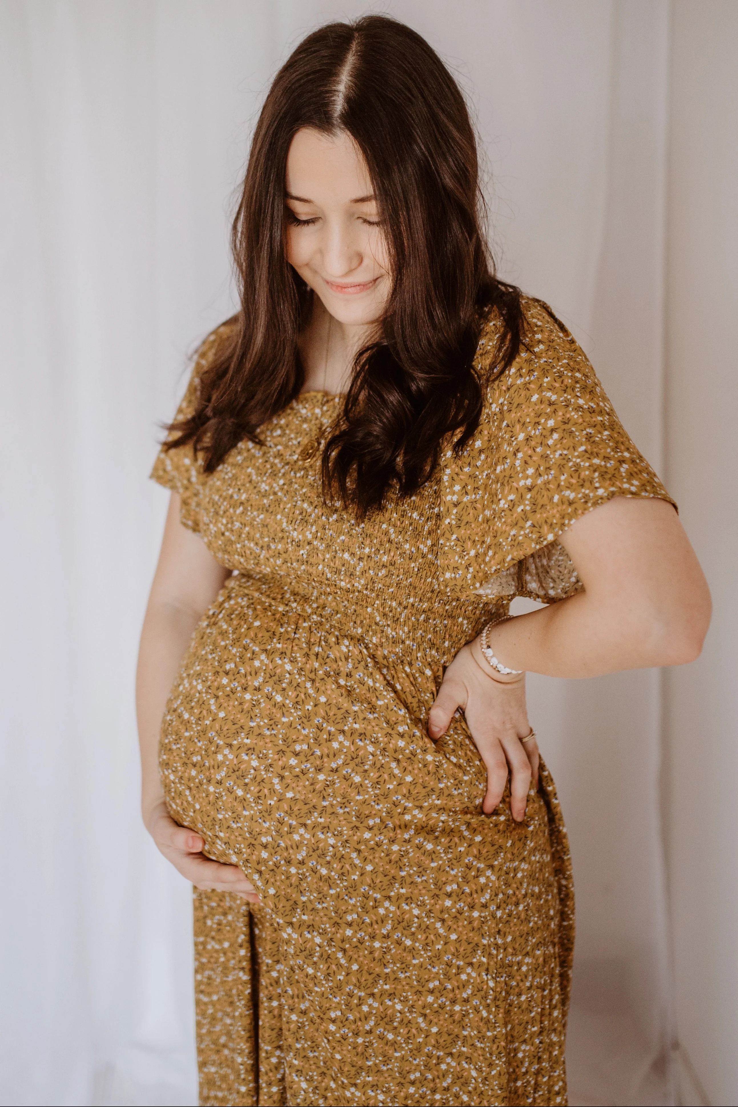 Mustard Floral Smocked Maternity Maxi Dress - Image 6