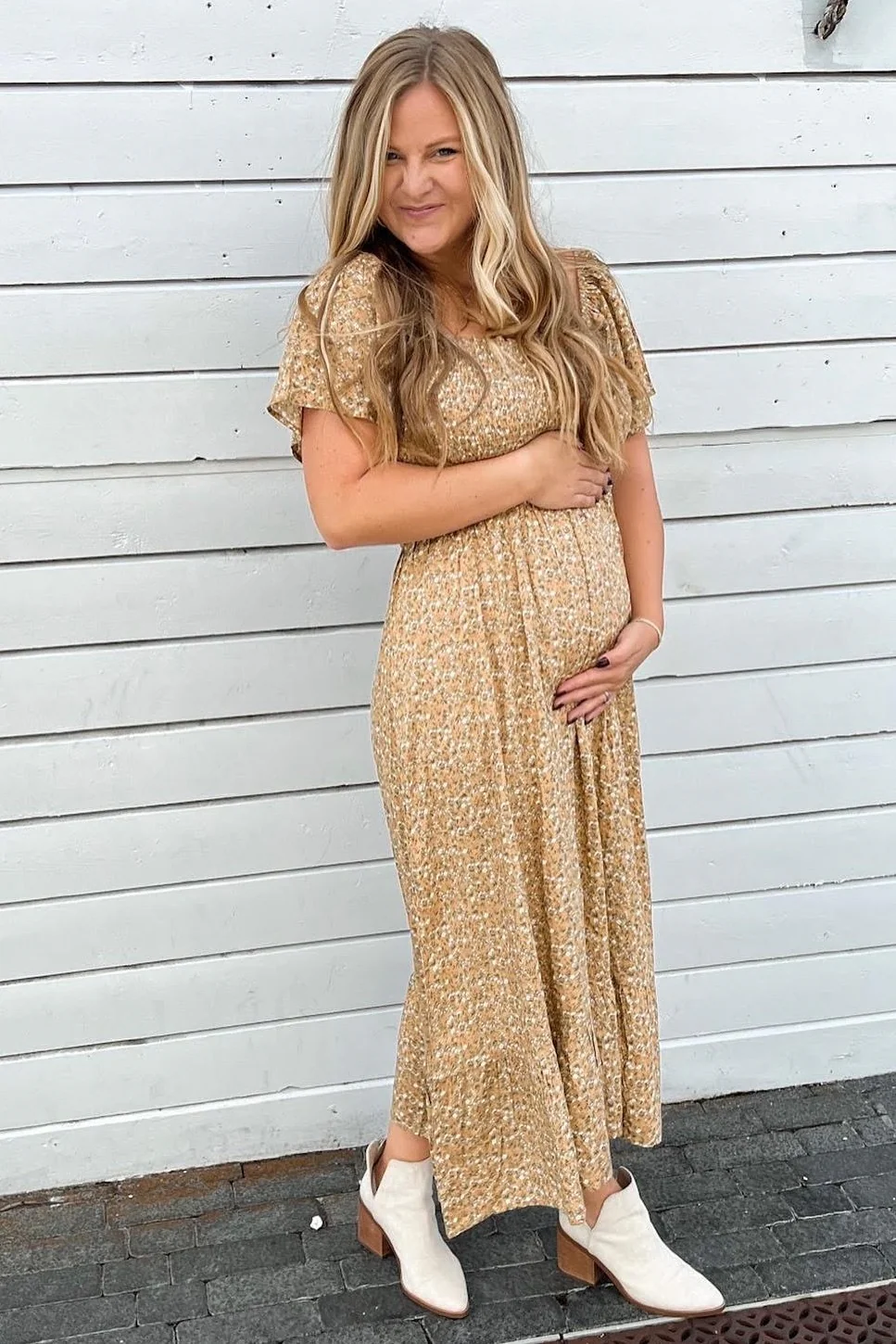Mustard Floral Smocked Maternity Maxi Dress - Image 7