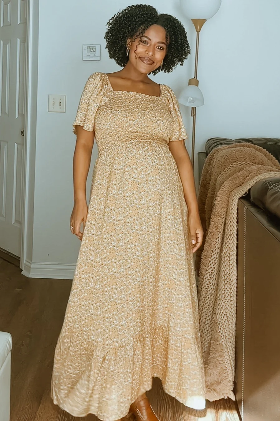 Mustard Floral Smocked Maternity Maxi Dress - Image 8