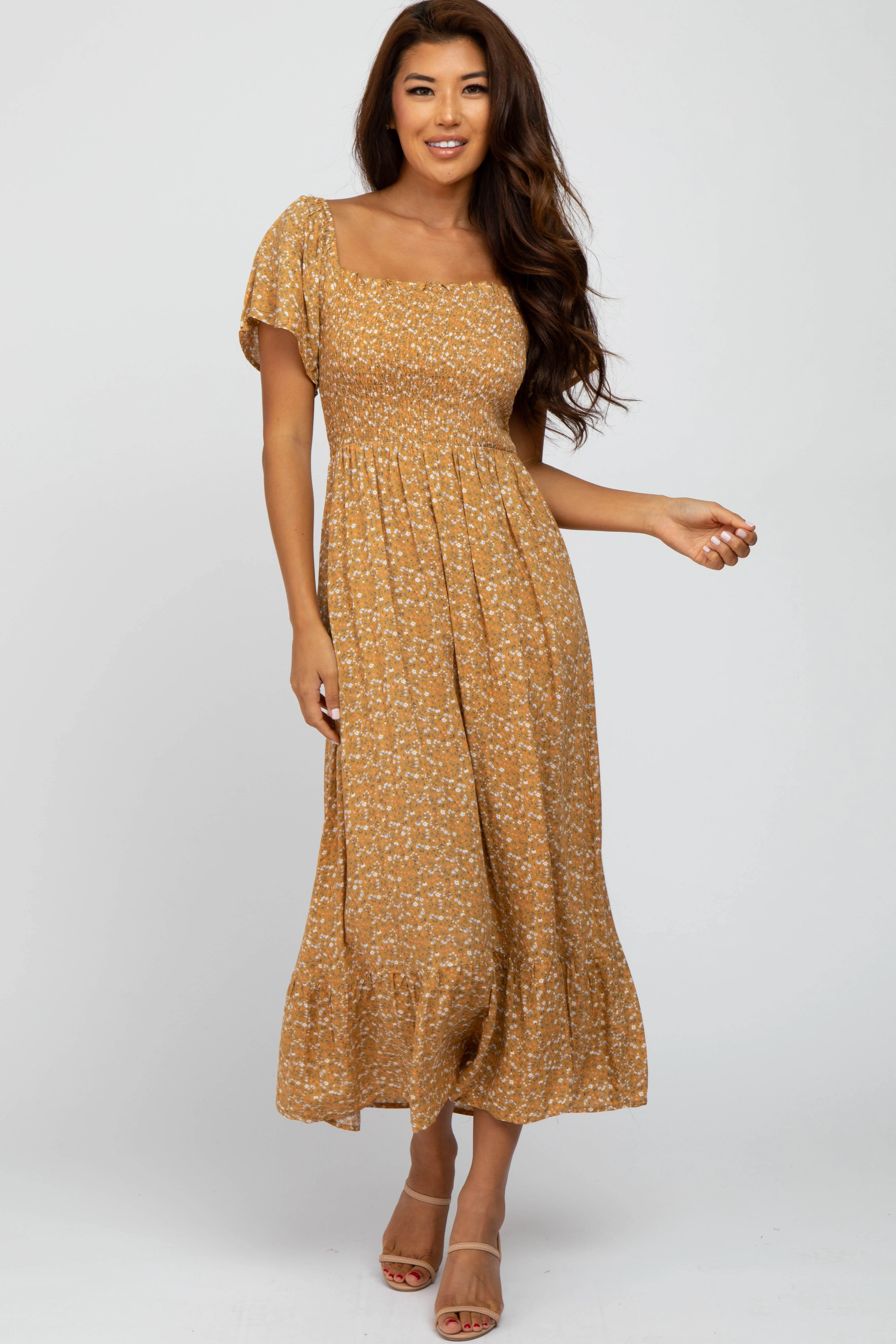 Mustard Floral Smocked Maxi Dress - Image 2