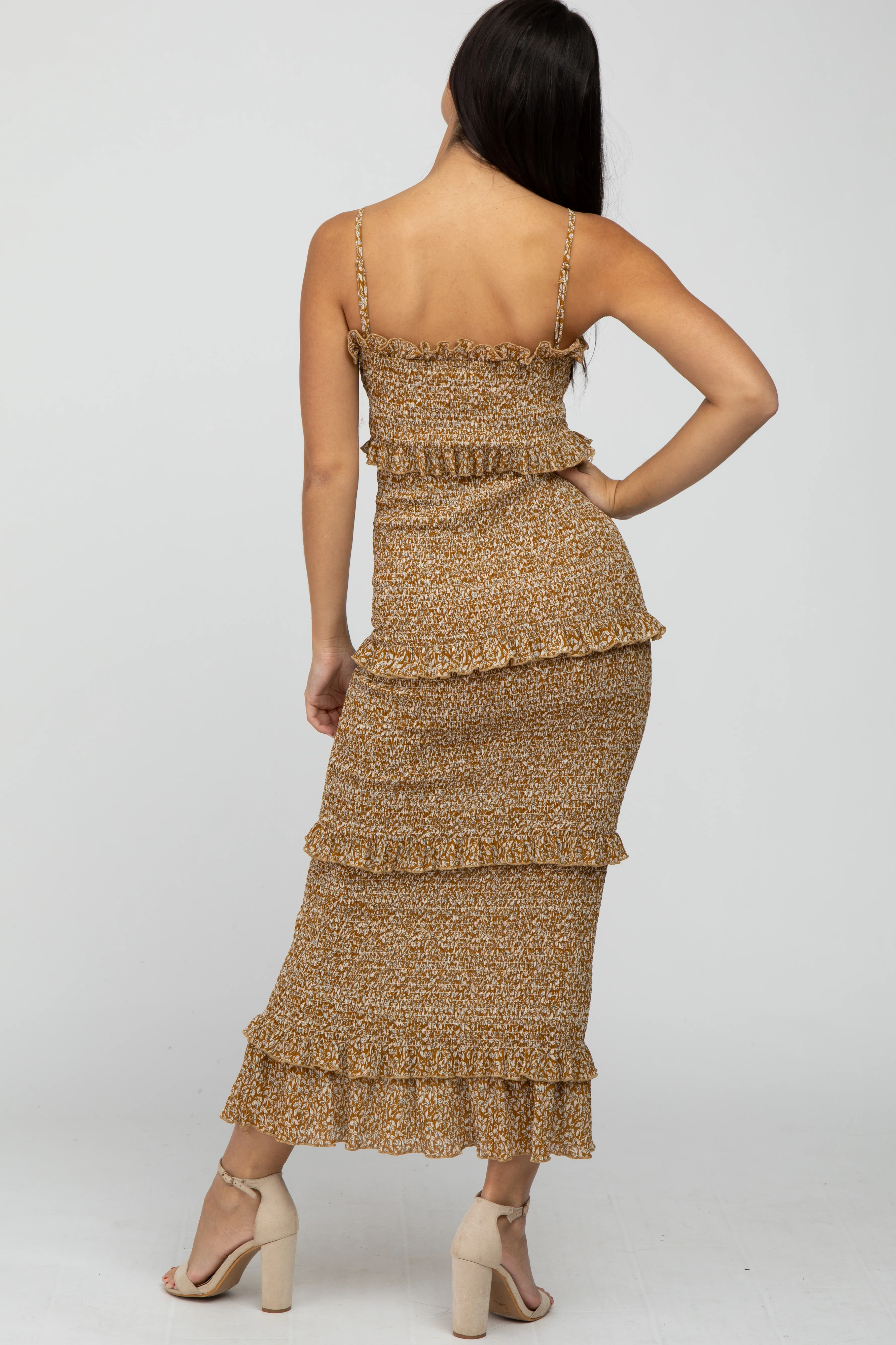 Mustard Leaf Print Smocked Fitted Midi Dress - Image 4