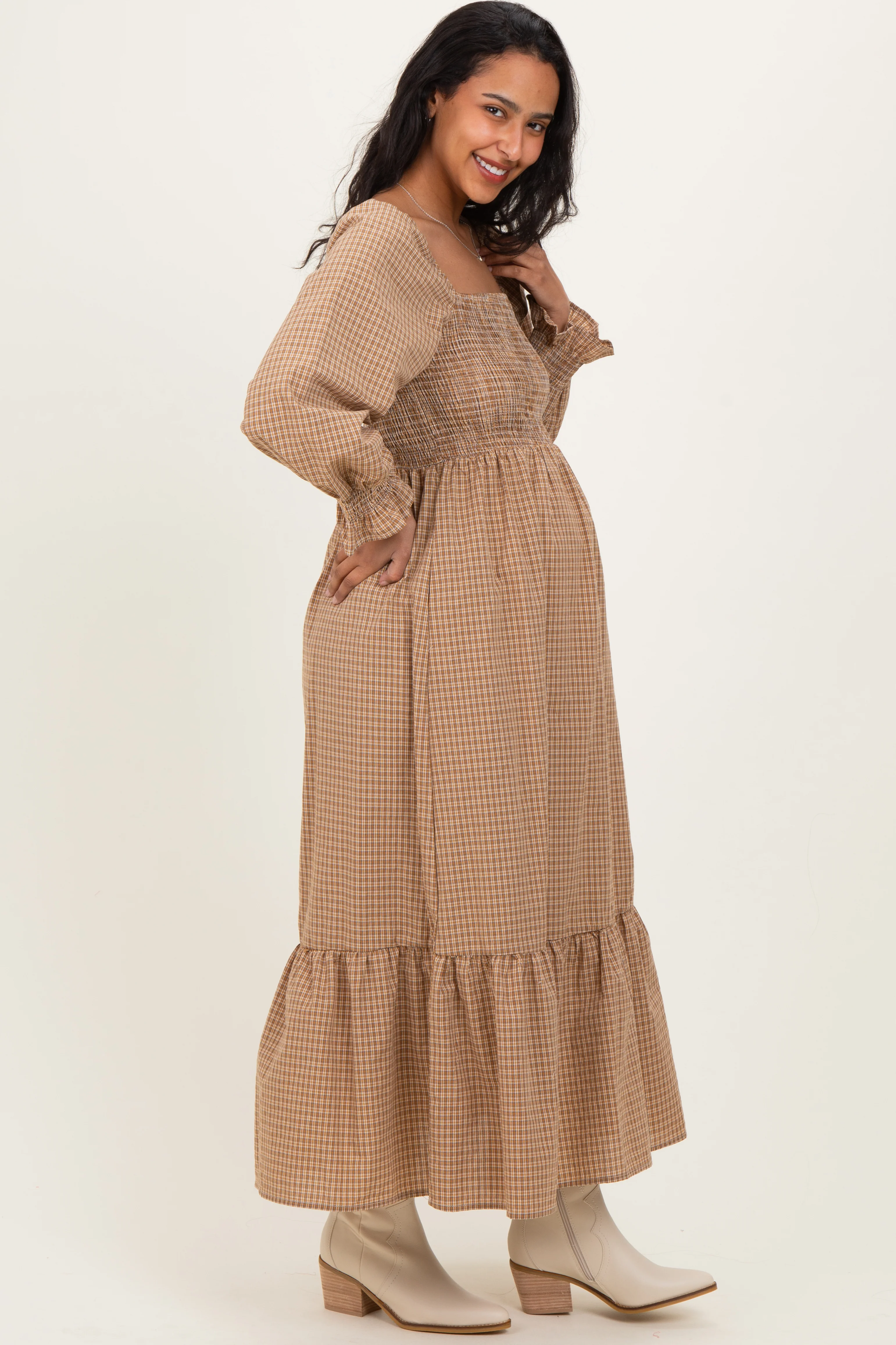 Mustard Plaid Square Neck Long Sleeve Maternity Maxi Dress - Image 3