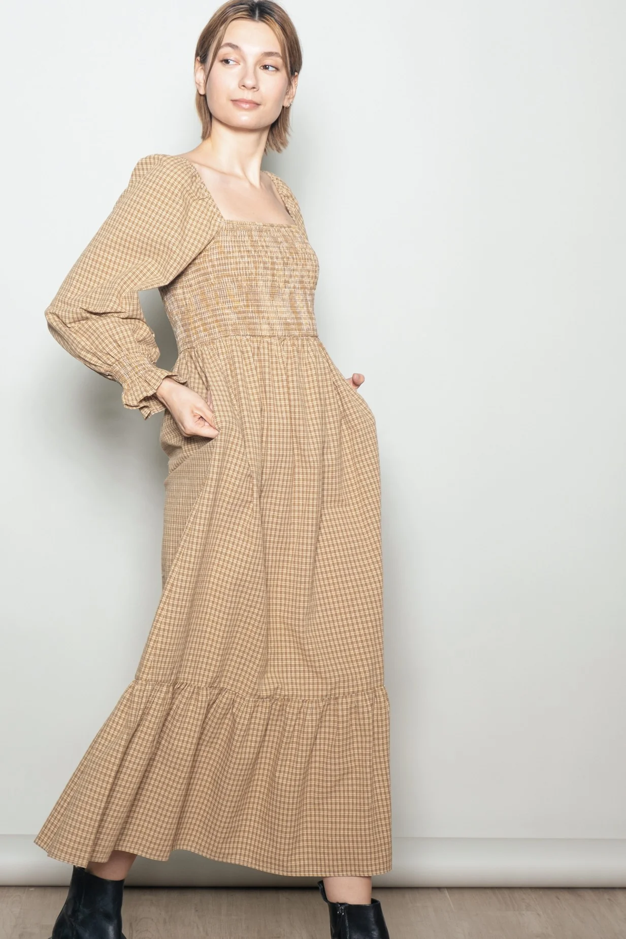 Mustard Plaid Square Neck Long Sleeve Maxi Dress - Image 3