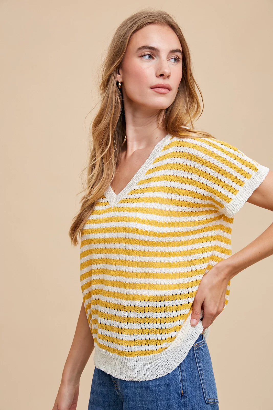 Mustard Striped Knit V-Neck Short Sleeve Top - Image 2
