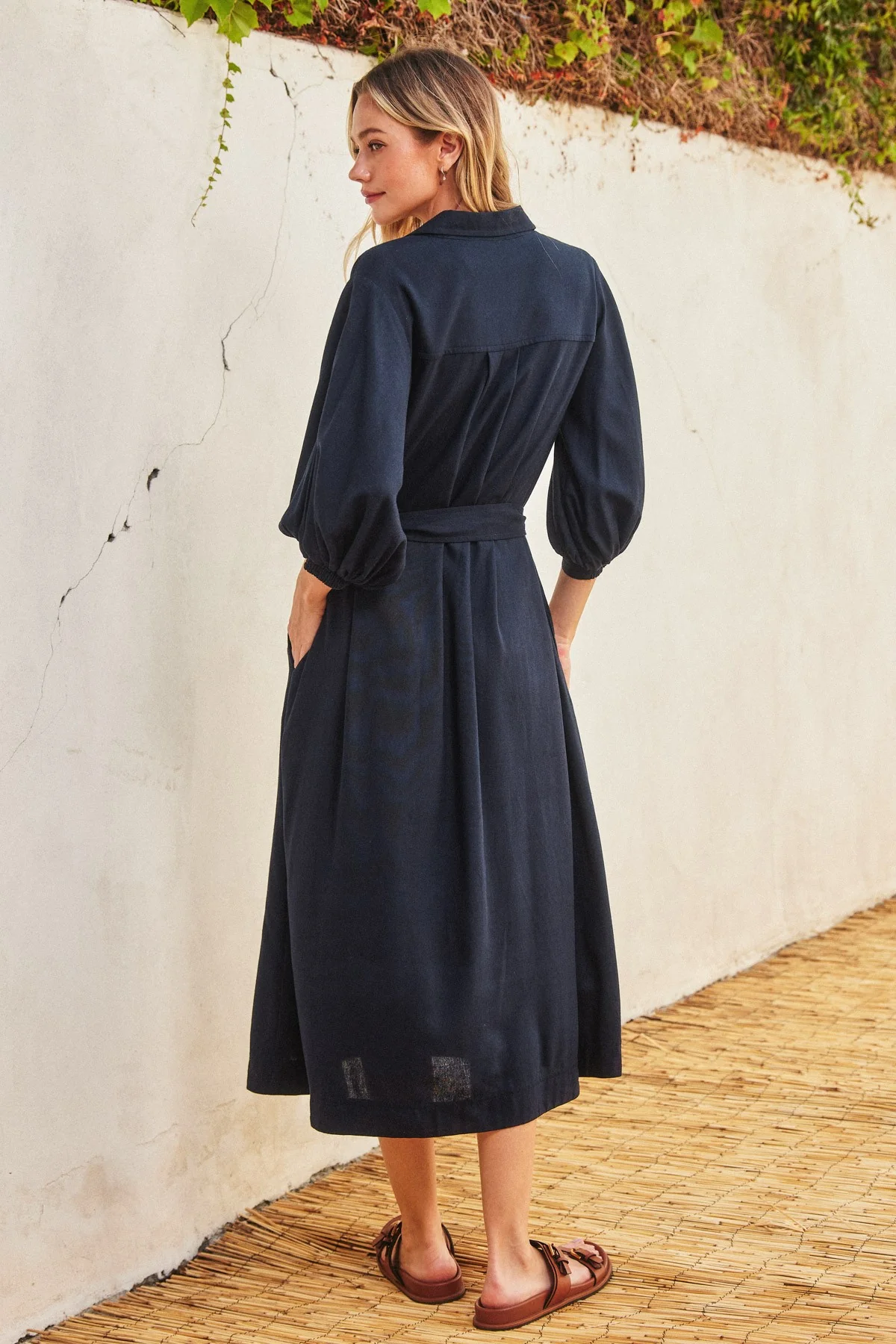 Navy 3/4 Bubble Sleeve Midi Shirt Dress - Image 3