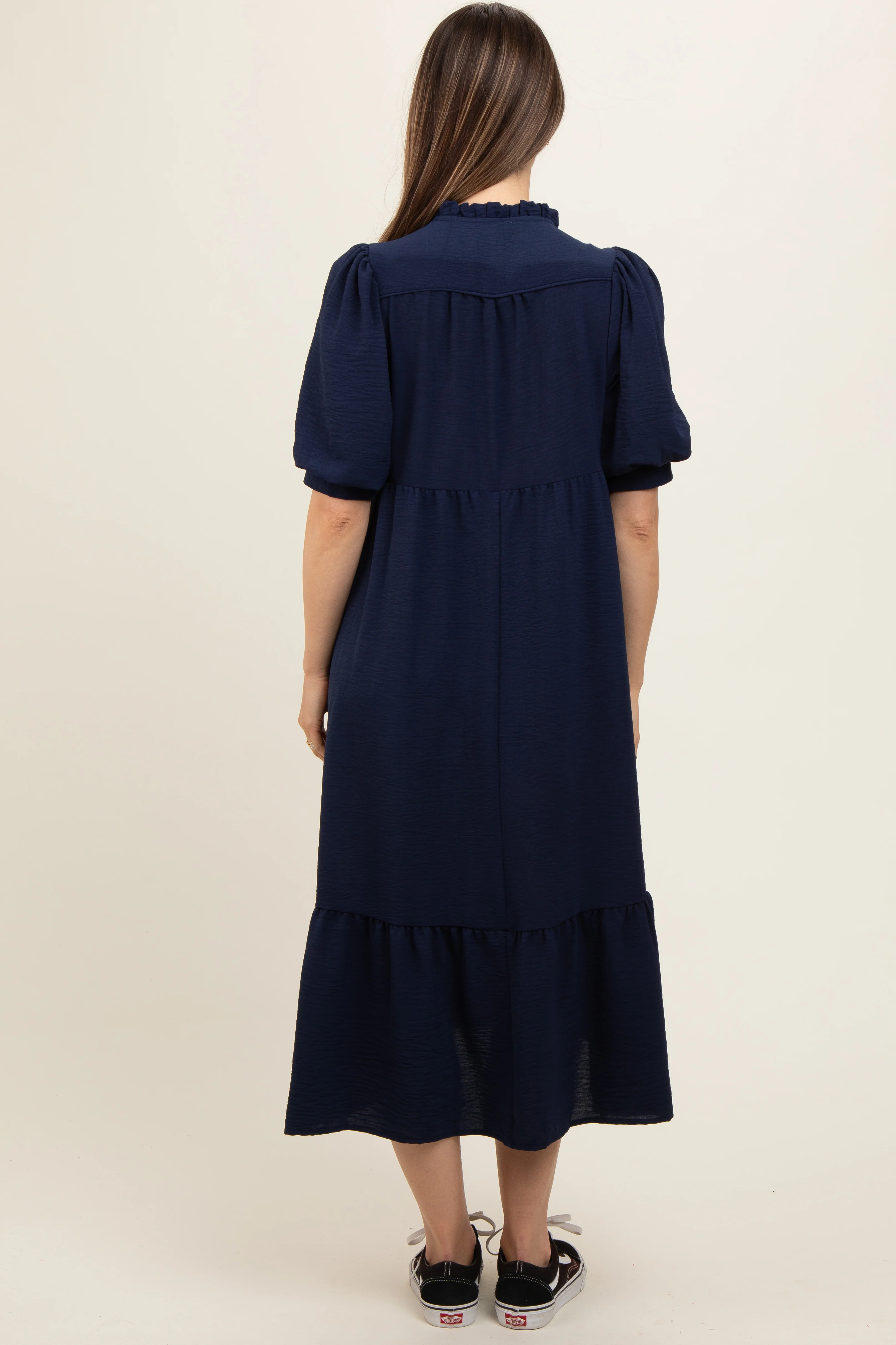 Navy Balloon Sleeve Split Neck Maternity Midi Dress - Image 2
