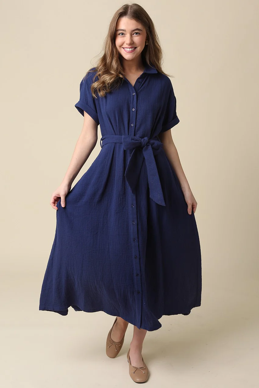 Navy Belted Maxi Shirt Dress - Image 2
