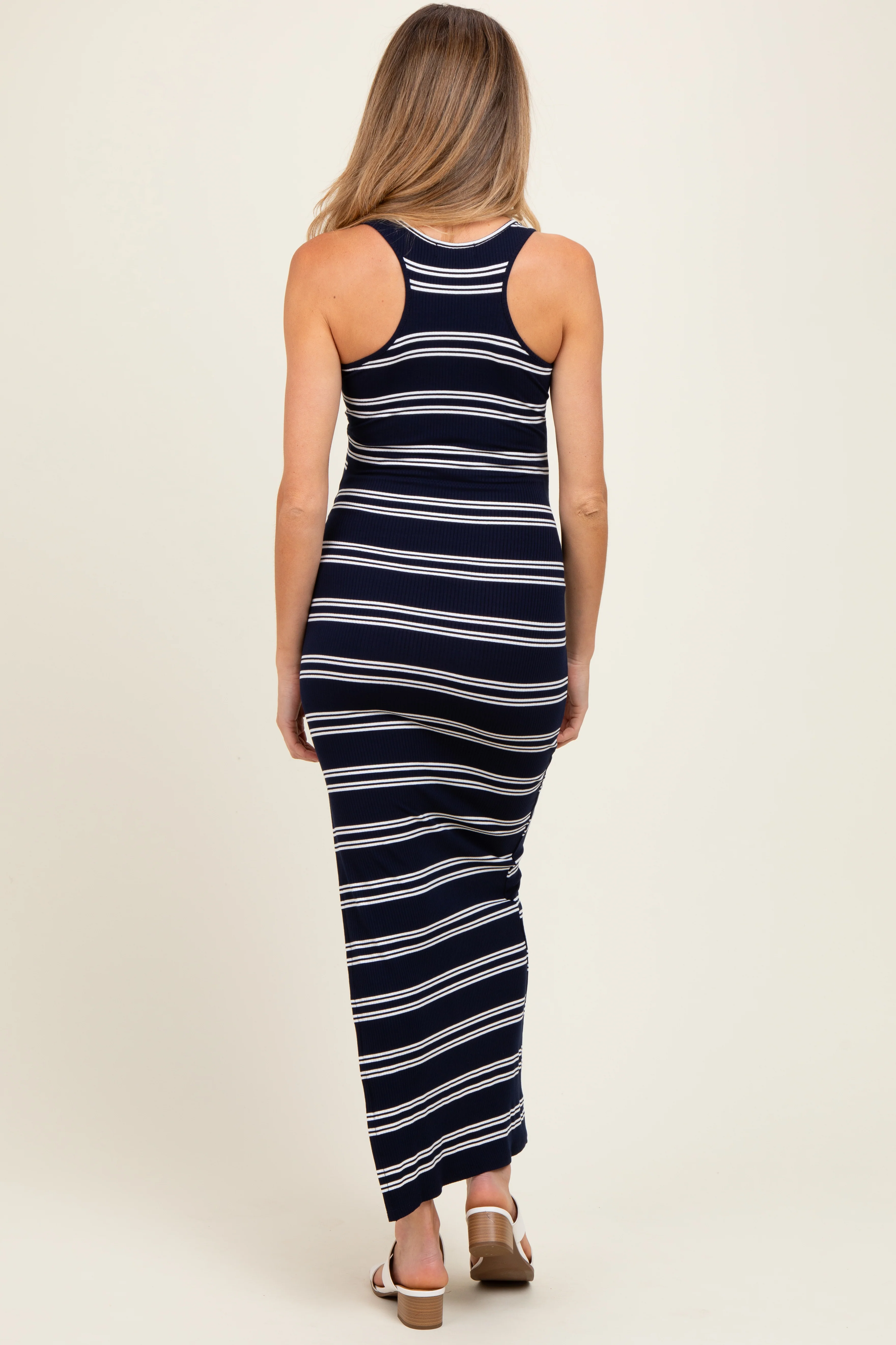 Navy Black Striped Side Slit Maternity Maxi Dress - Image 3