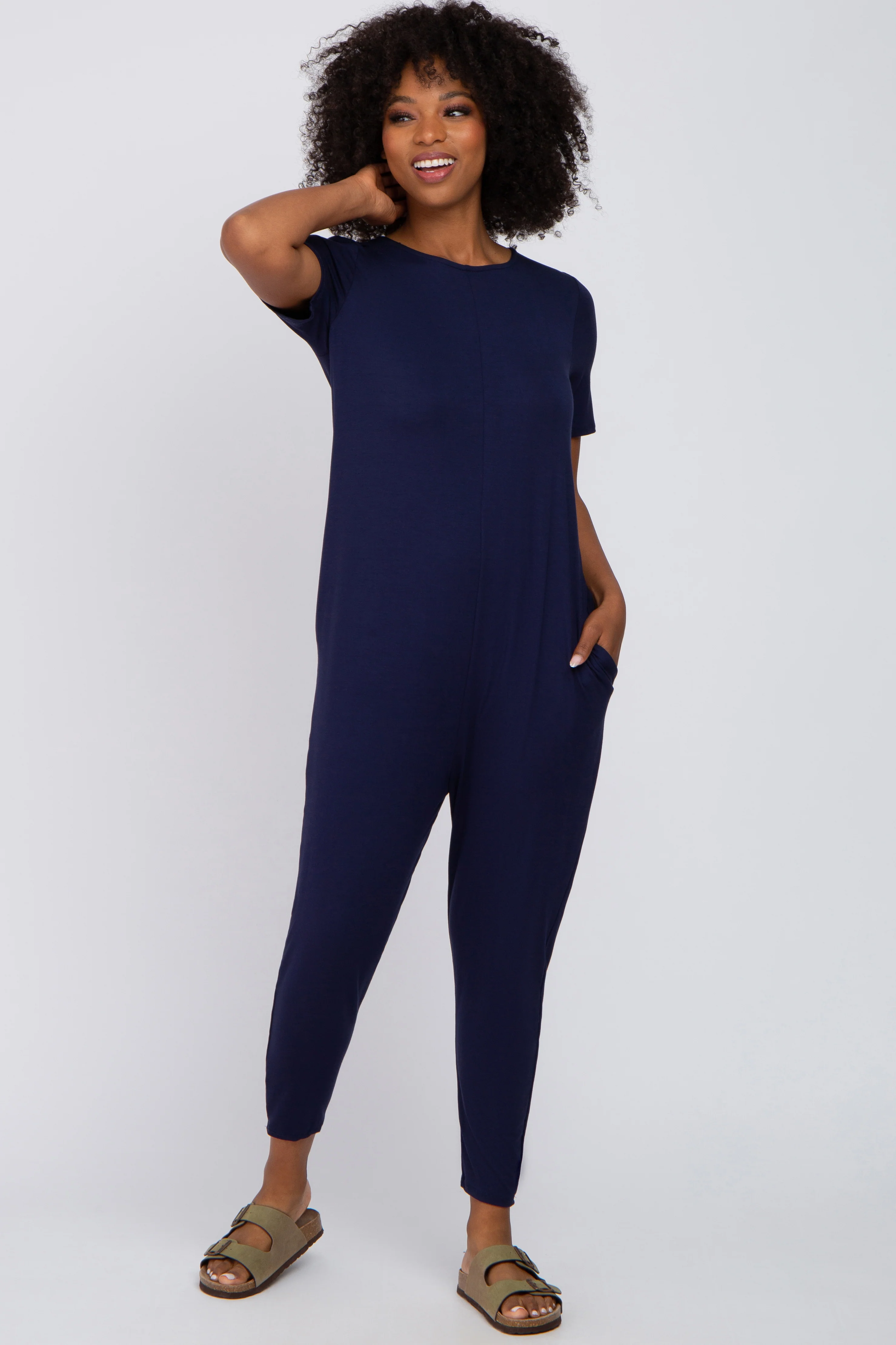 Navy Blue Basic Short Sleeve Maternity Jumpsuit - Image 5