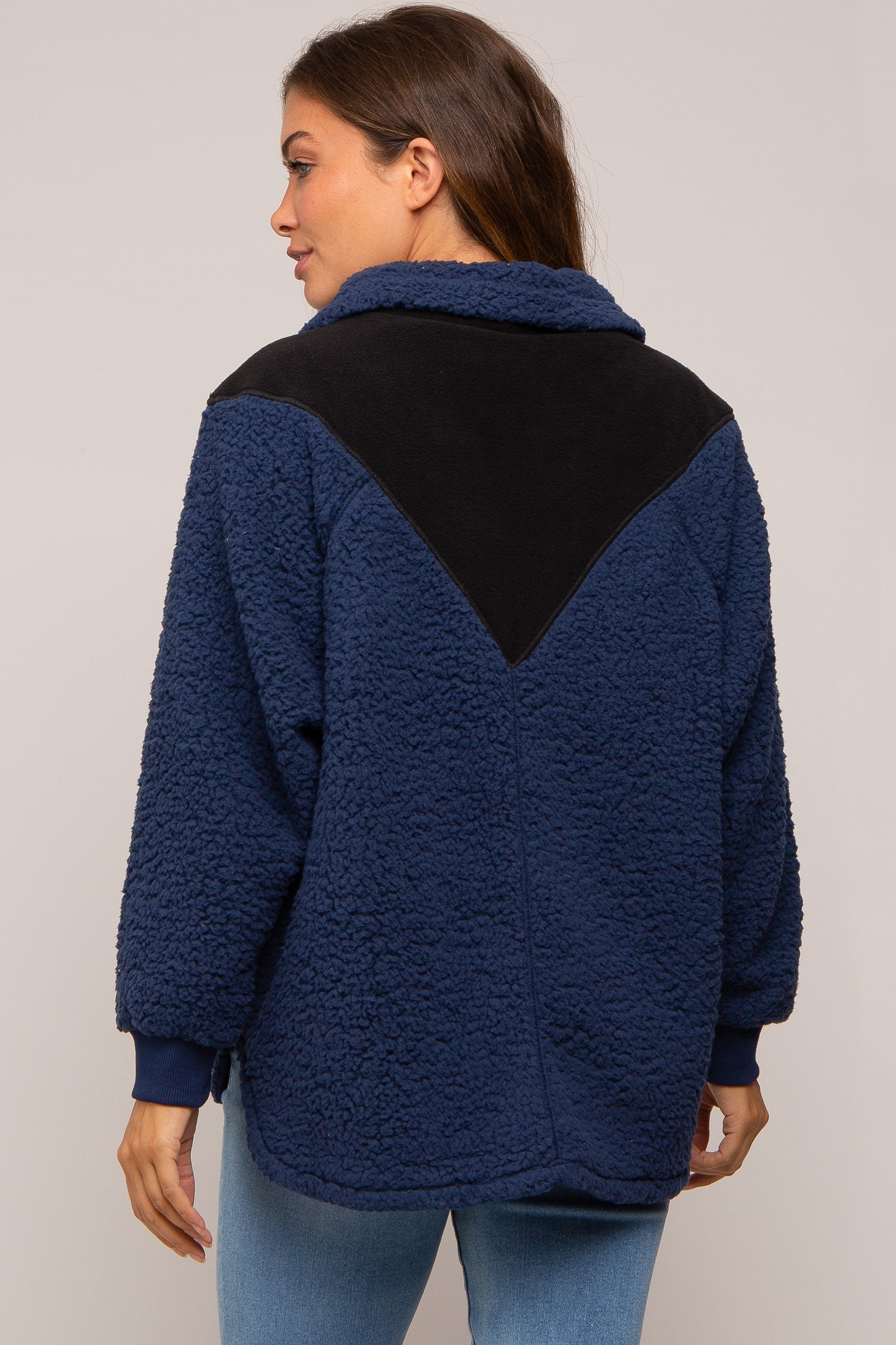 Navy Blue Colorblock Half Zip Fleece Maternity Pullover - Image 4