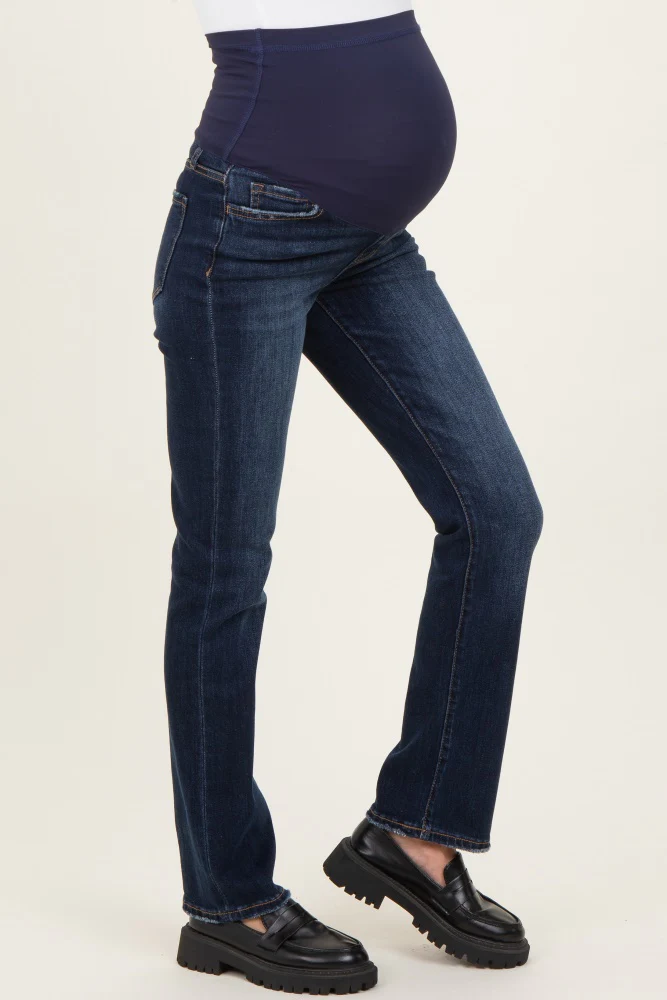 Navy Blue Distressed Hem Slim Straight Leg Maternity Jeans - Image 4