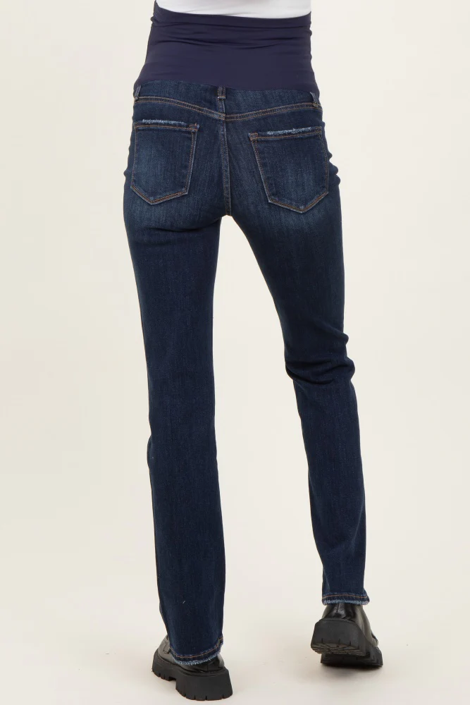 Navy Blue Distressed Hem Slim Straight Leg Maternity Jeans - Image 5
