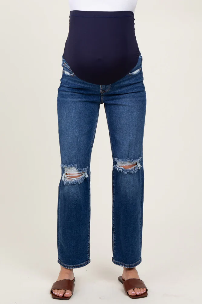 Navy Blue Distressed Open Knee Cropped Maternity Straight Leg Jeans - Image 4