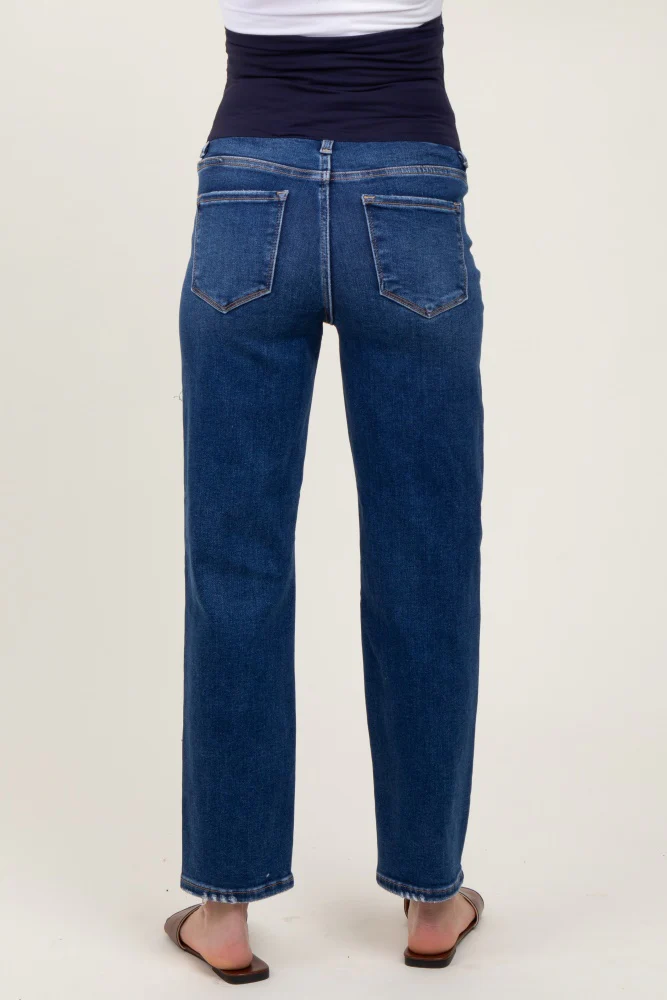 Navy Blue Distressed Open Knee Cropped Maternity Straight Leg Jeans - Image 6