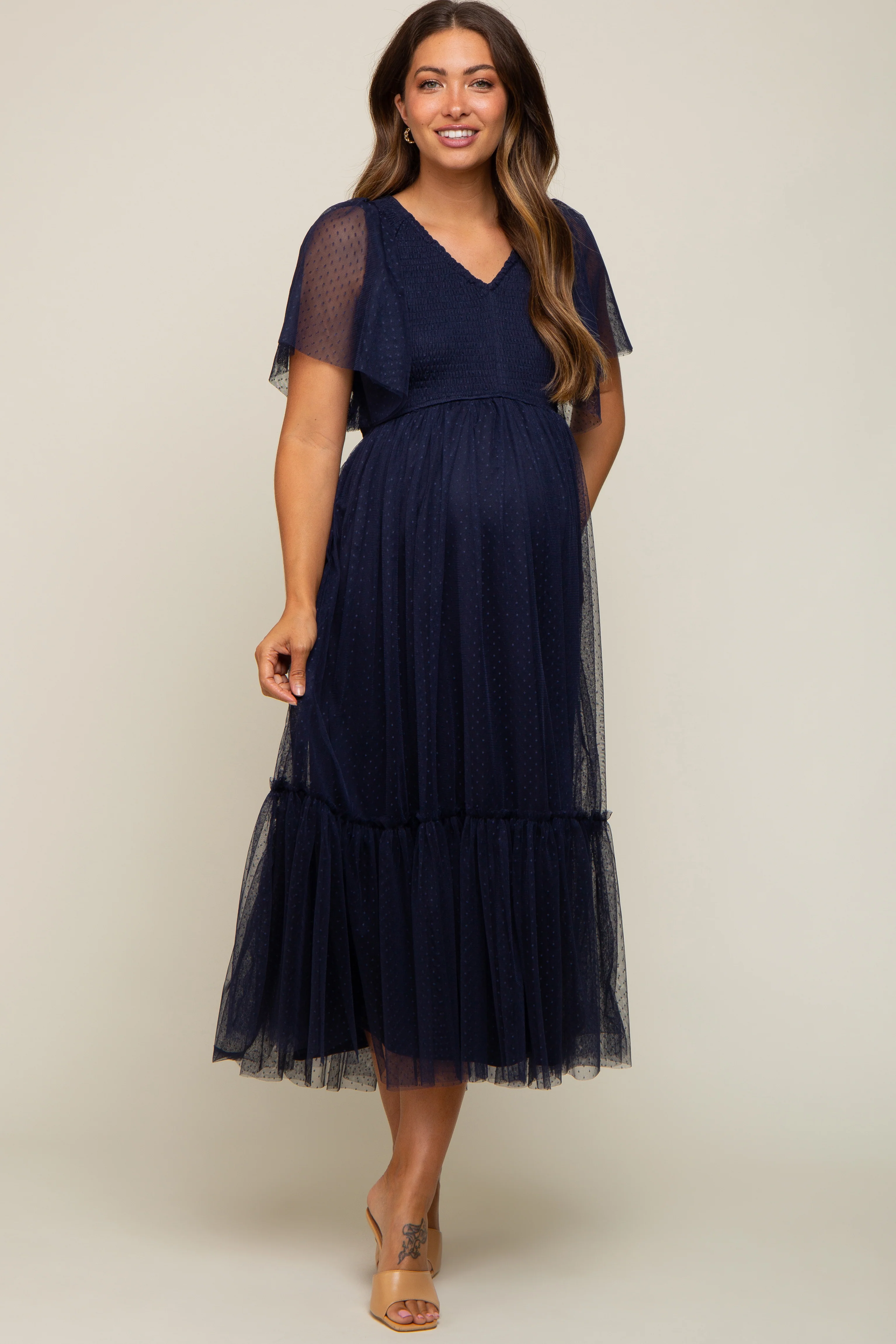 Navy Blue Dotted Tulle Smocked Maternity Midi Dress - Image 4