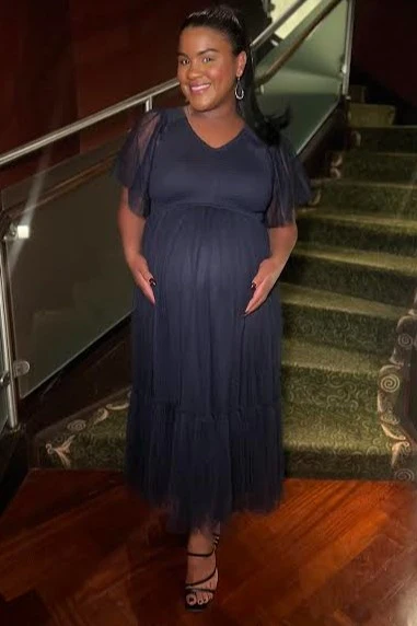 Navy Blue Dotted Tulle Smocked Maternity Midi Dress - Image 7