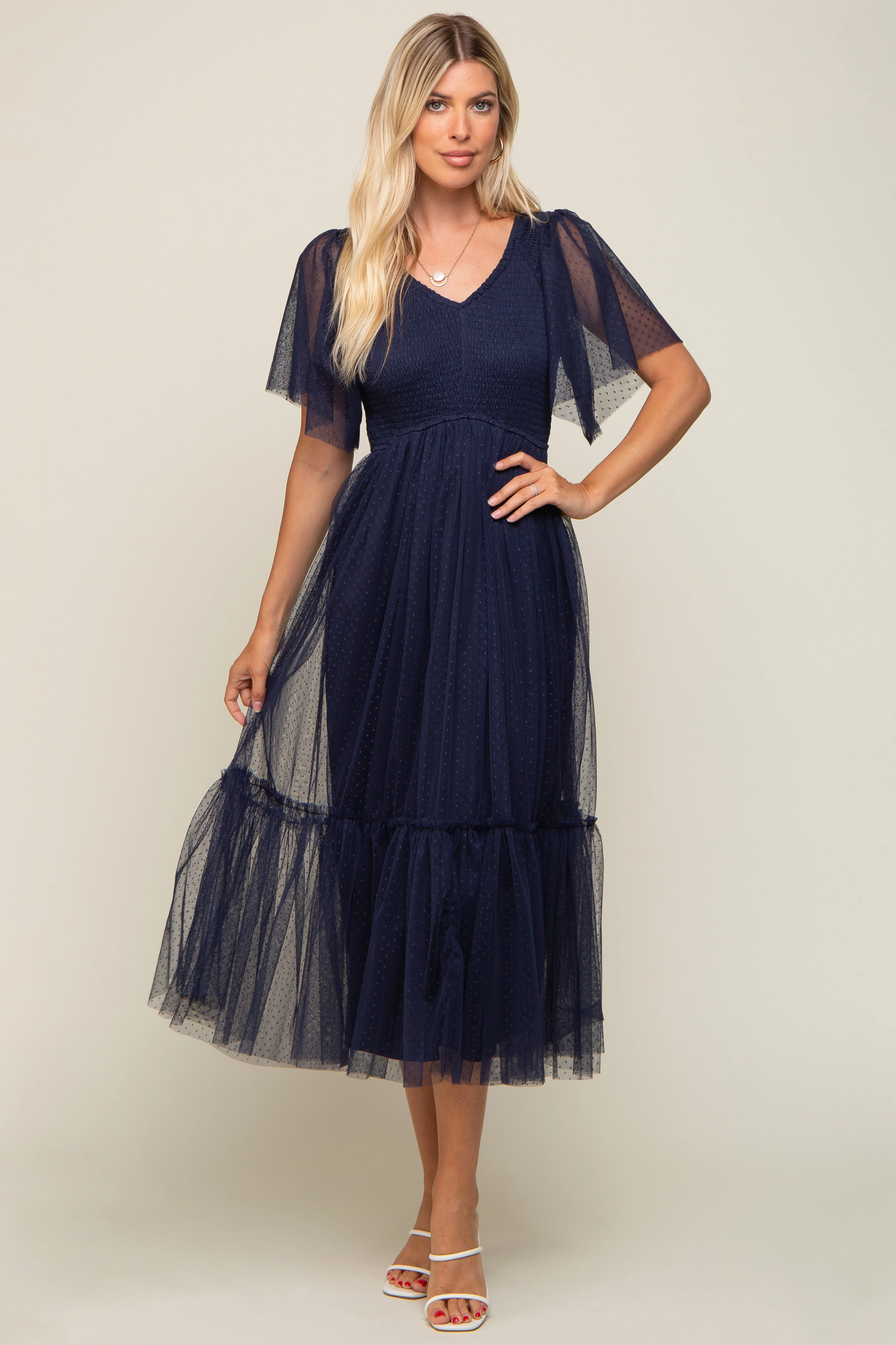 Navy Blue Dotted Tulle Smocked Maternity Midi Dress - Image 8