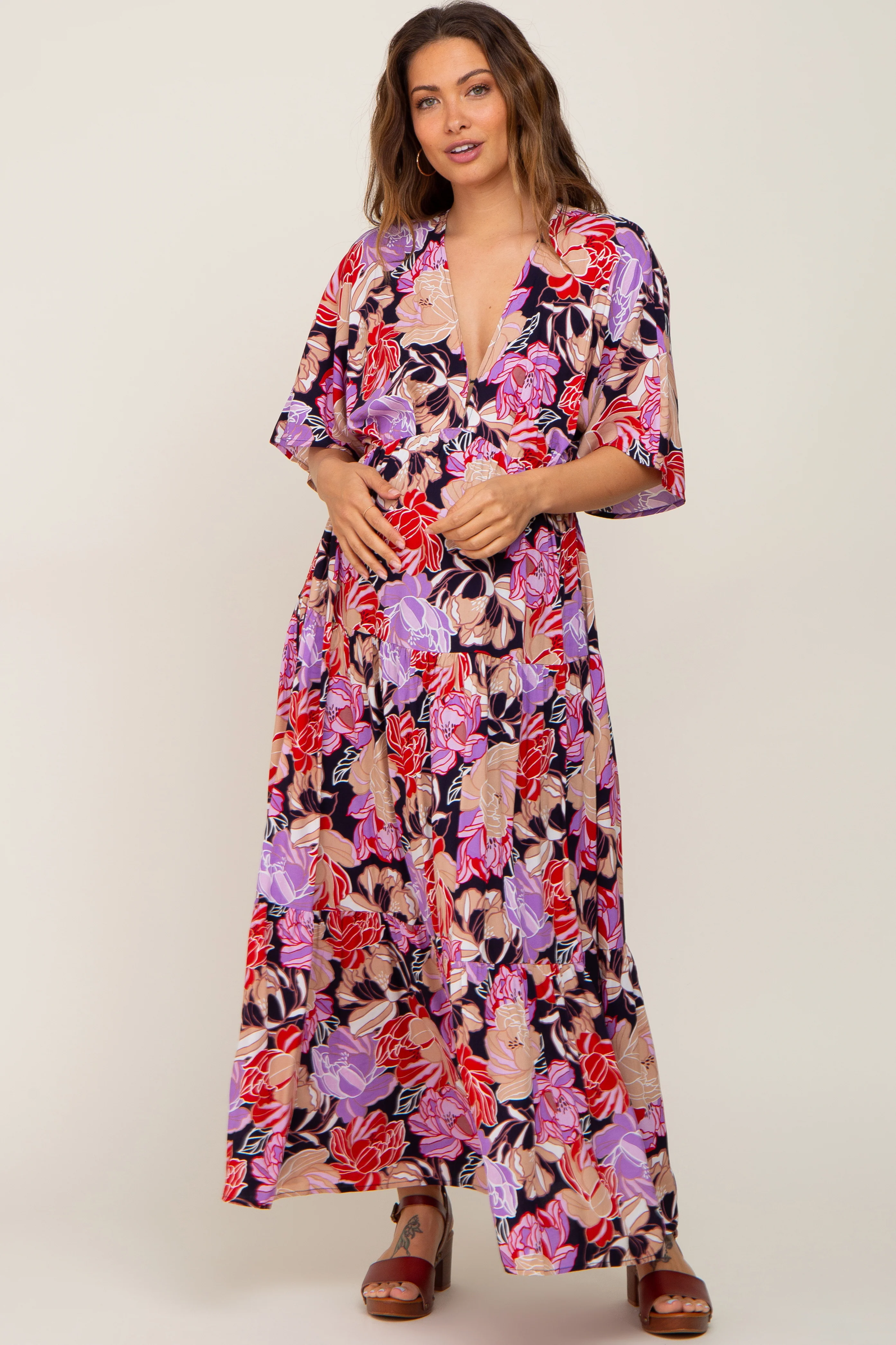 Navy Blue Floral Deep V-Neck Tiered Maternity Maxi Dress - Image 5