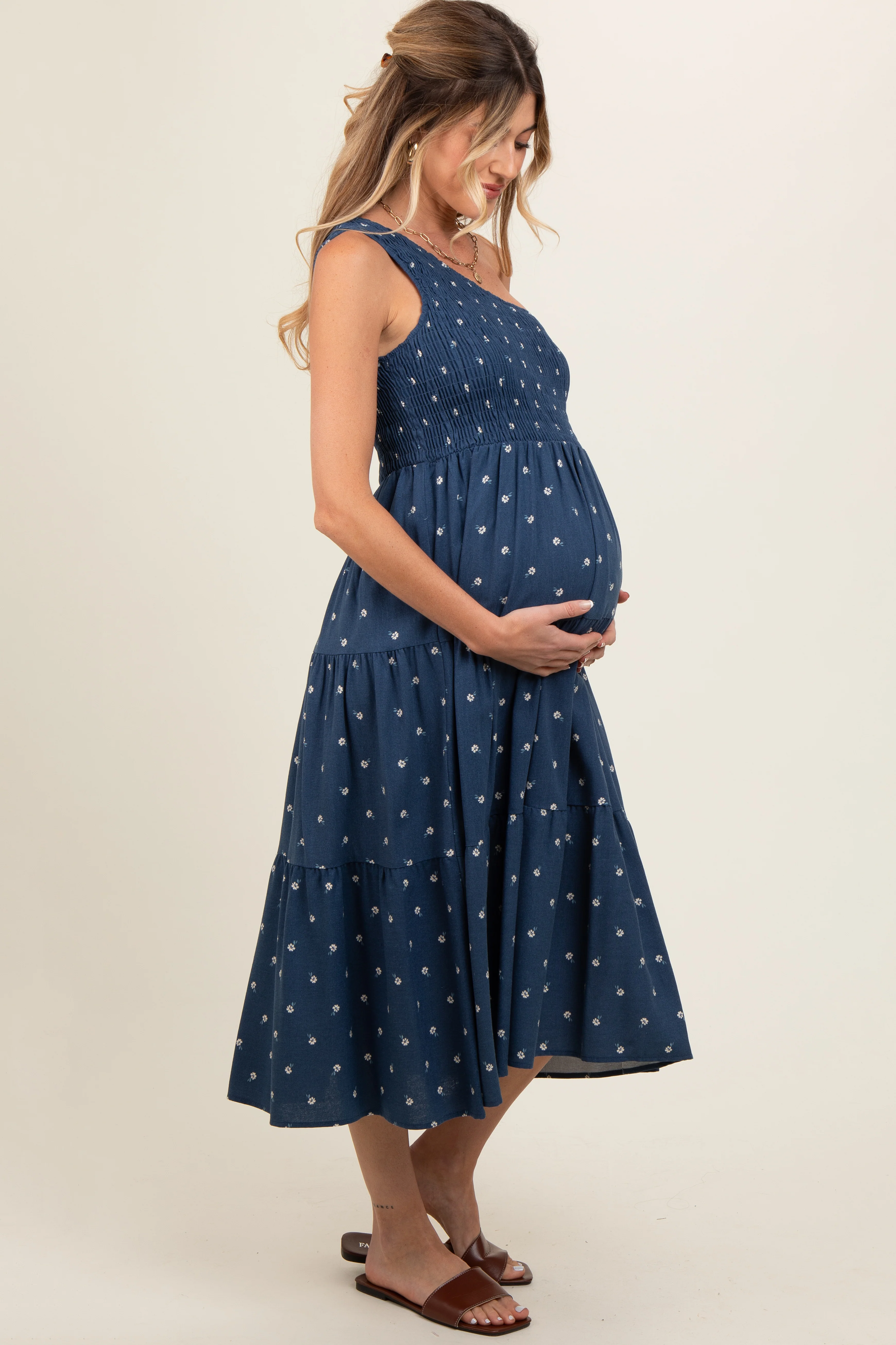 Navy Blue Floral Linen Smocked One Shoulder Tiered Maternity Midi Dress - Image 3