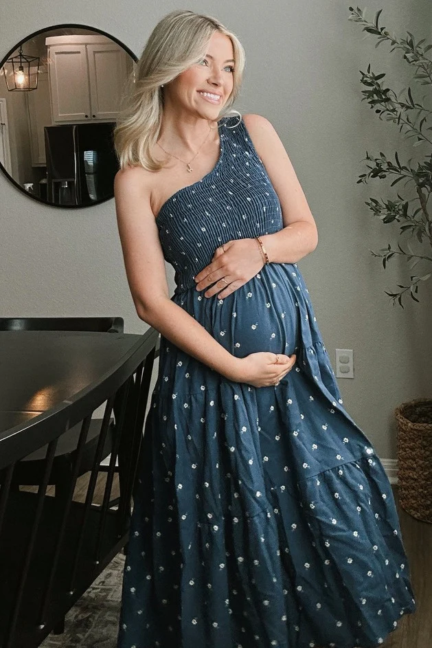 Navy Blue Floral Linen Smocked One Shoulder Tiered Maternity Midi Dress - Image 6