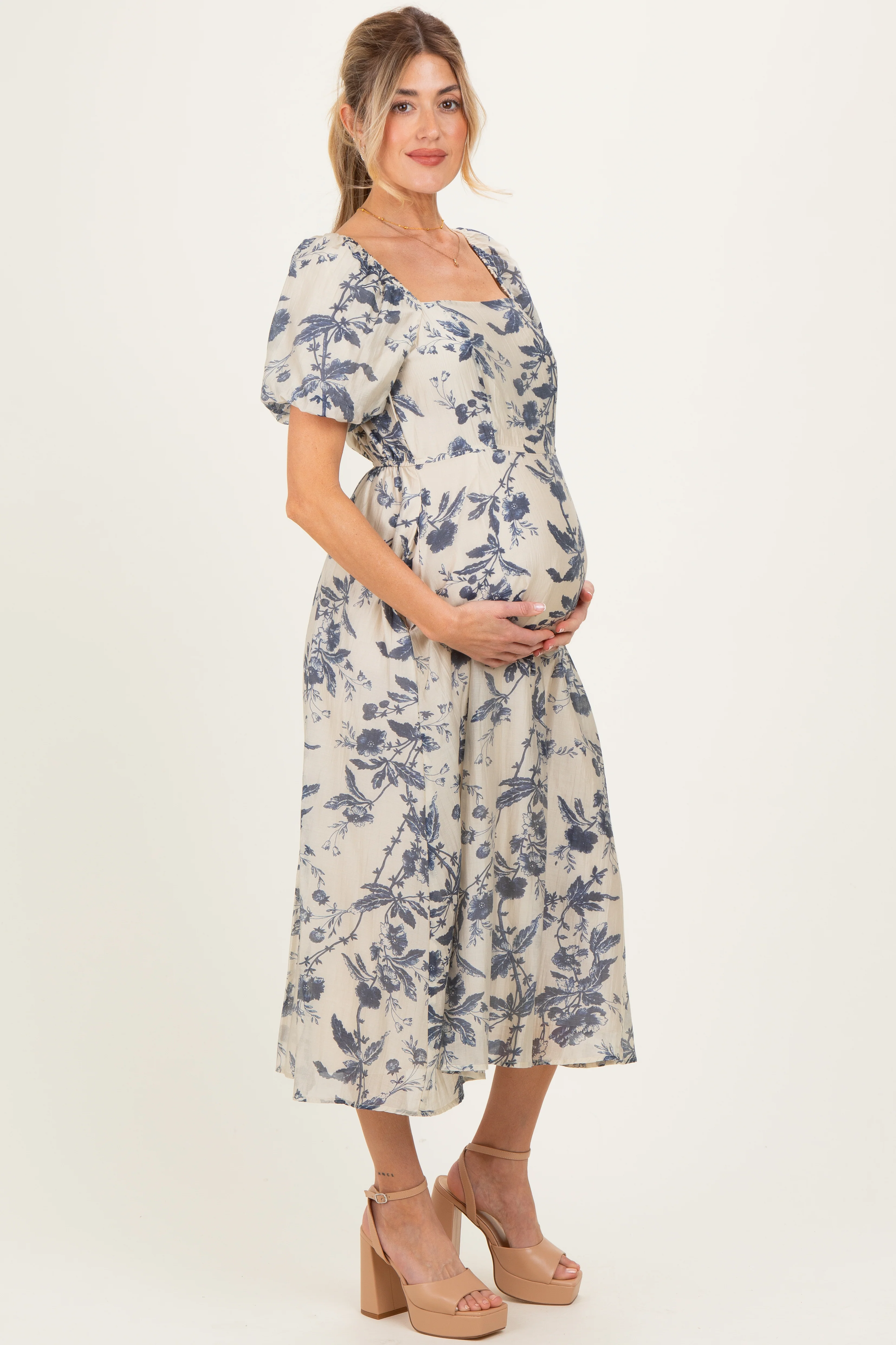Navy Blue Floral Square Neck Puff Sleeve Maternity Midi Dress - Image 3