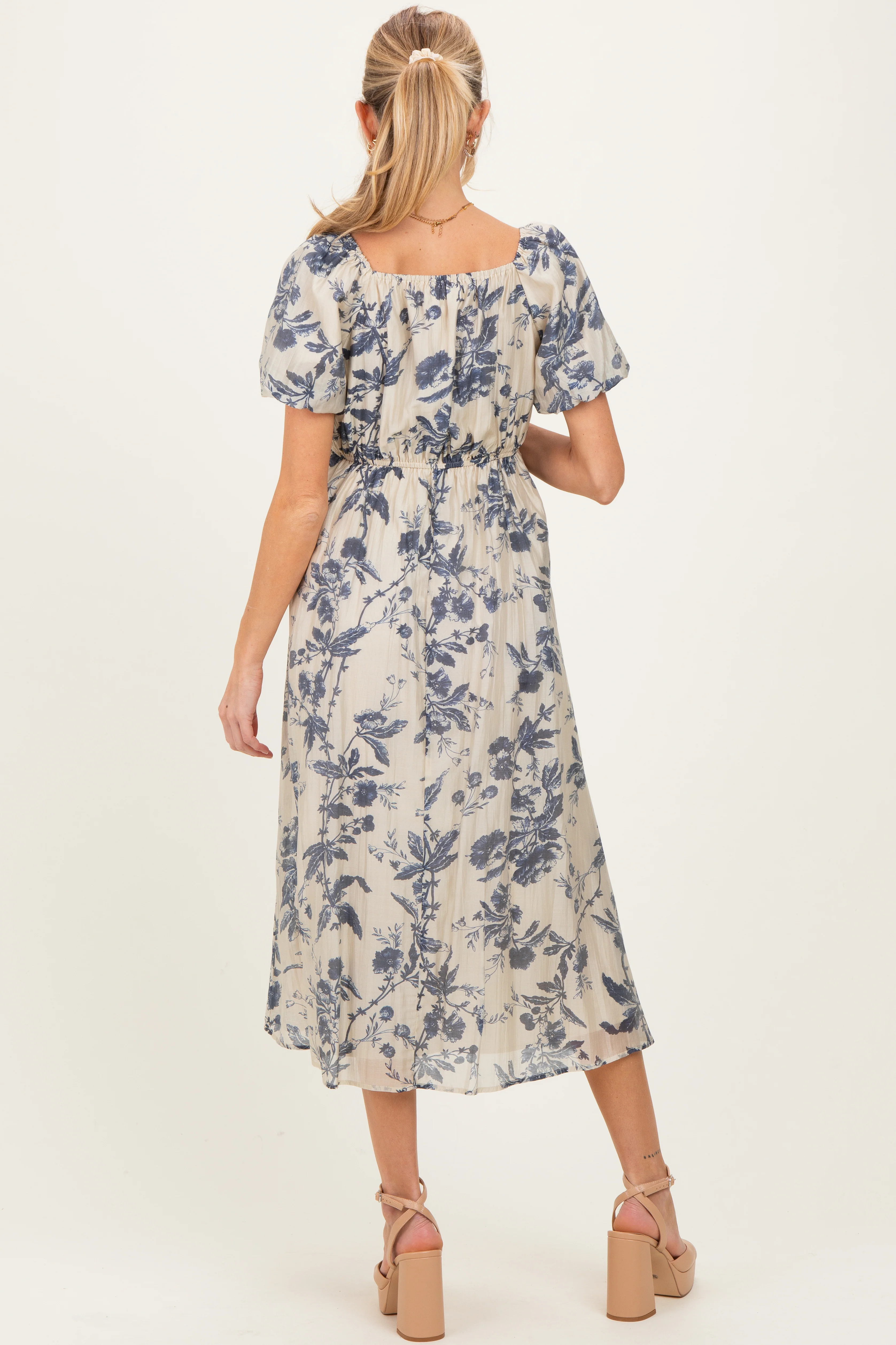 Navy Blue Floral Square Neck Puff Sleeve Maternity Midi Dress - Image 4