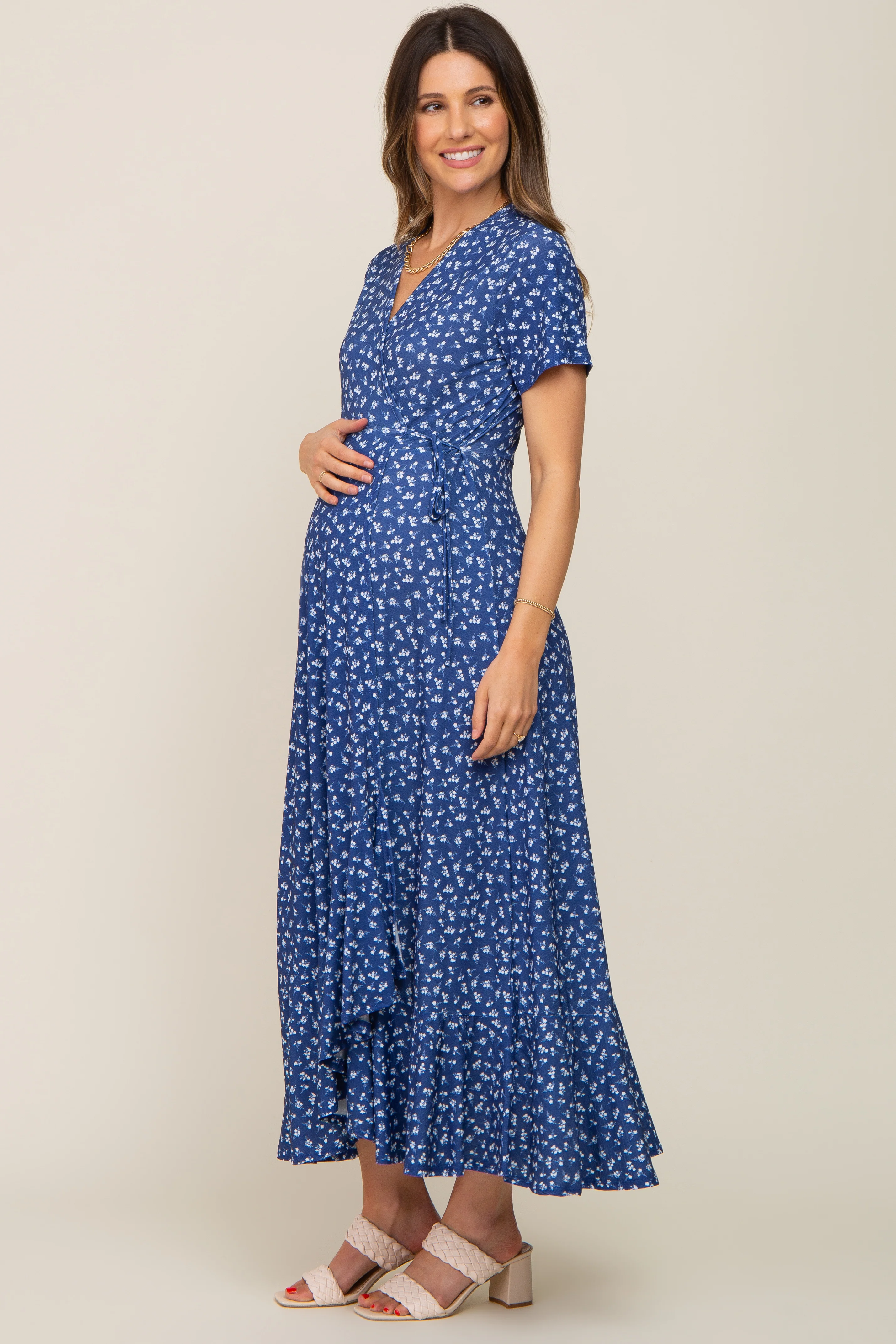 Navy Blue Floral Wrap Front V-Neck Short Sleeve Maternity Midi Dress - Image 2