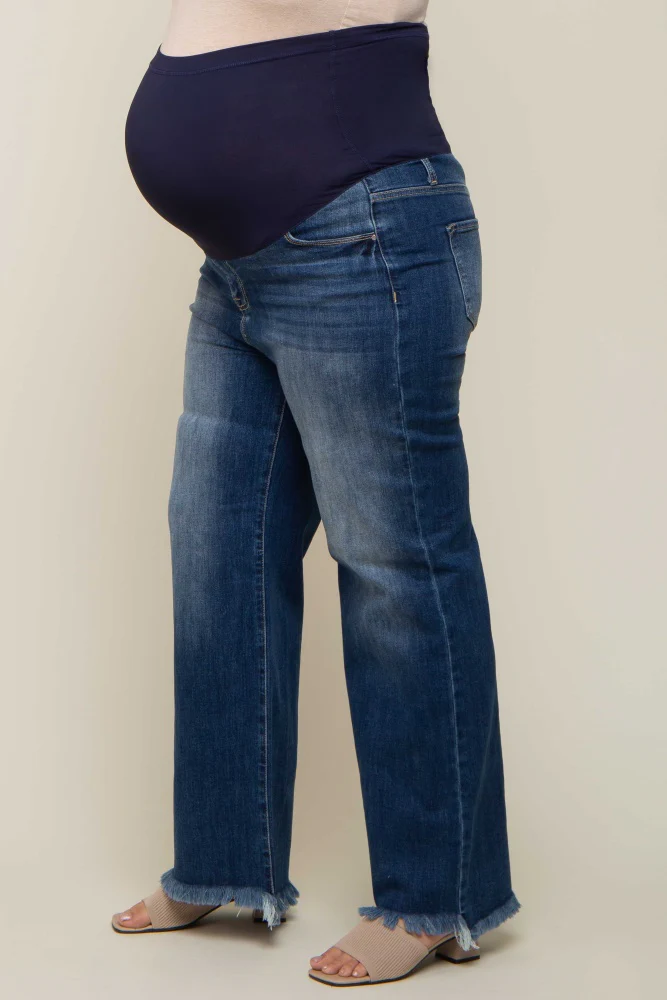 Navy Blue Fringe Hem Maternity Plus Wide Leg Jeans - Image 3