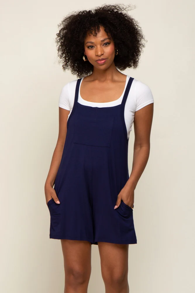 Navy Blue Front Pocket Overall Knit Maternity Romper - Image 5