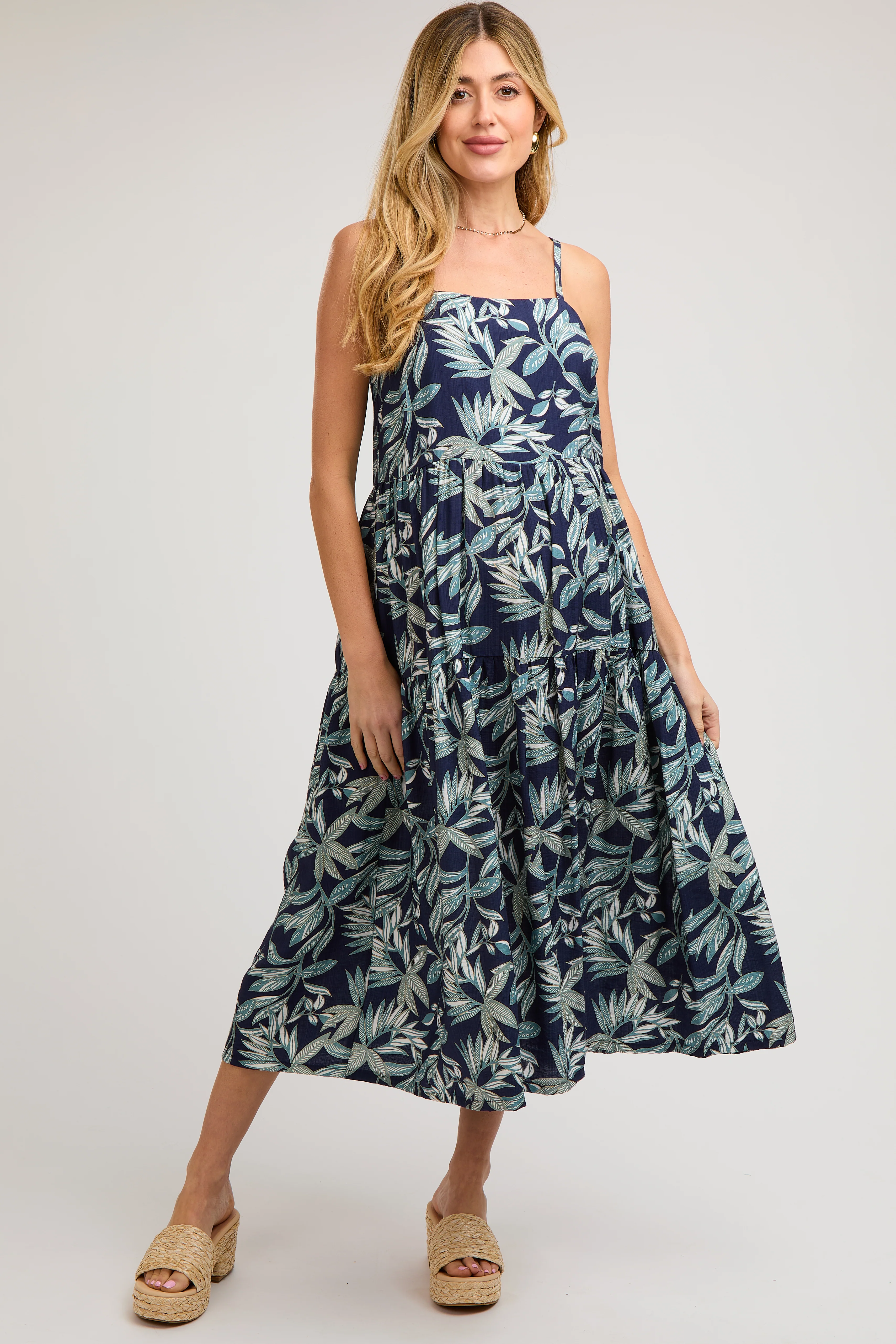 Navy Blue Leaf Print Square Neck Tiered Maternity Midi Dress - Image 2