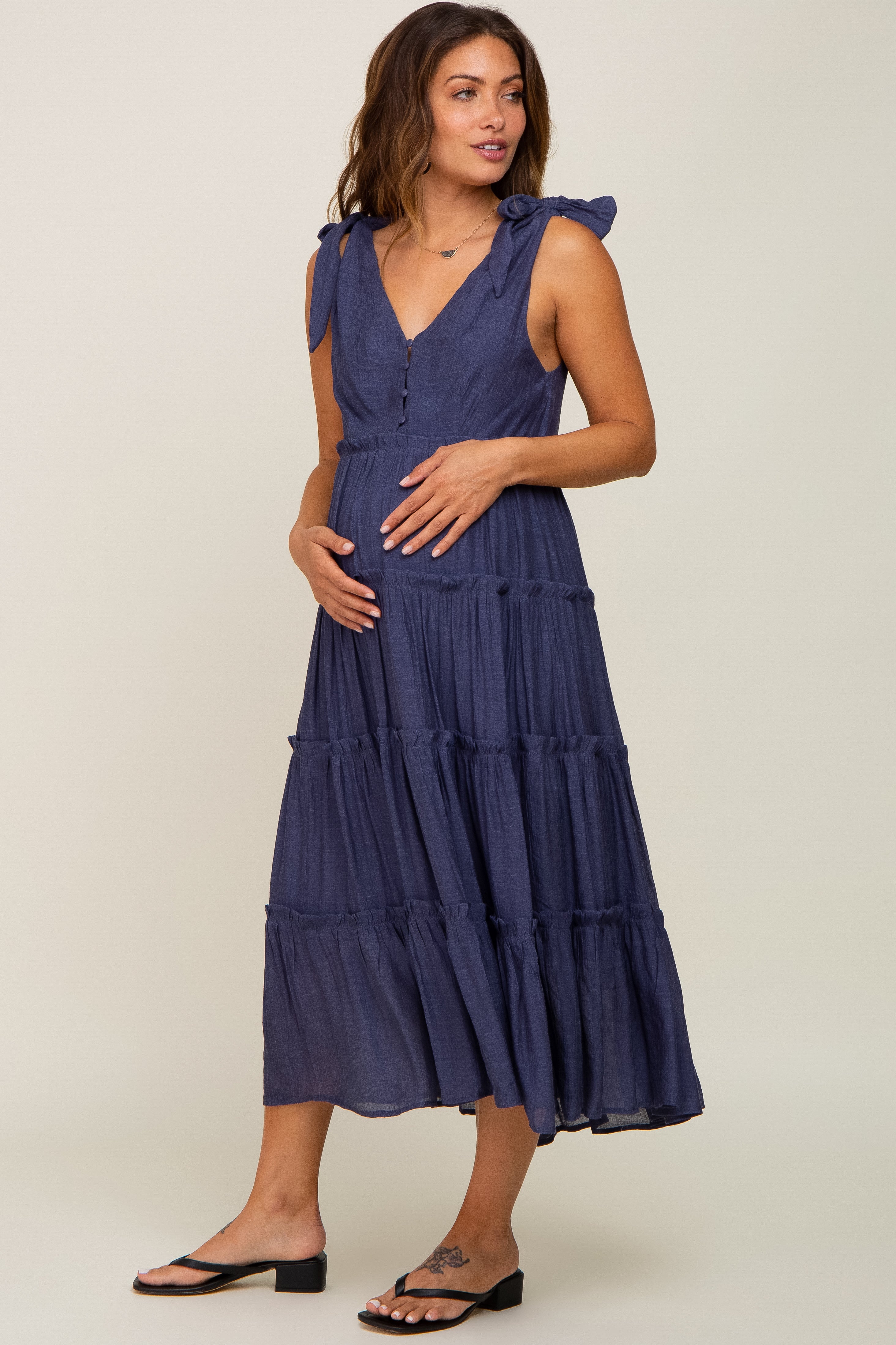 Navy Blue Linen Button Front Shoulder Tie Tiered Maternity Midi Dress - Image 3