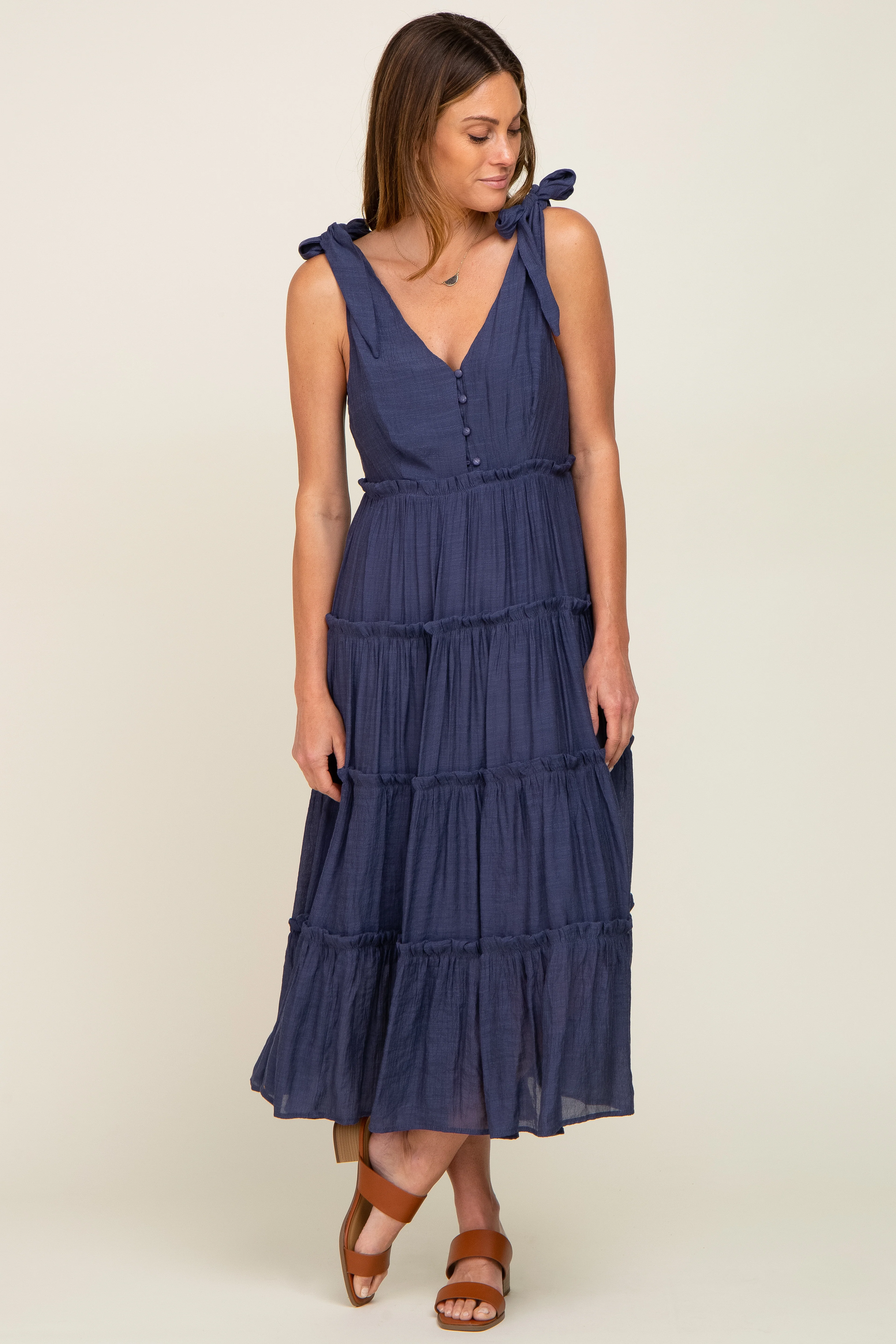 Navy Blue Linen Button Front Shoulder Tie Tiered Maternity Midi Dress - Image 5