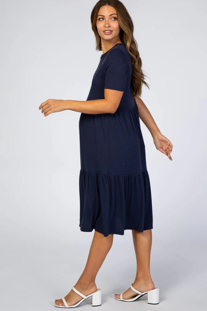 Navy Blue Ribbed Tiered Maternity Dress - Image 2