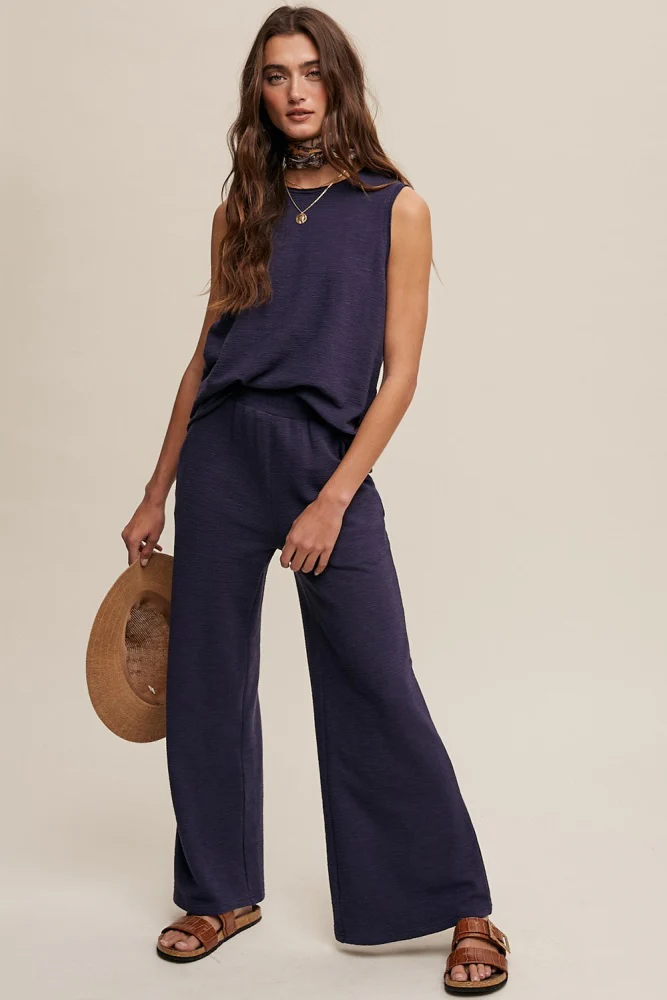 Navy Blue Slub Knit Maternity Pants Set - Image 5