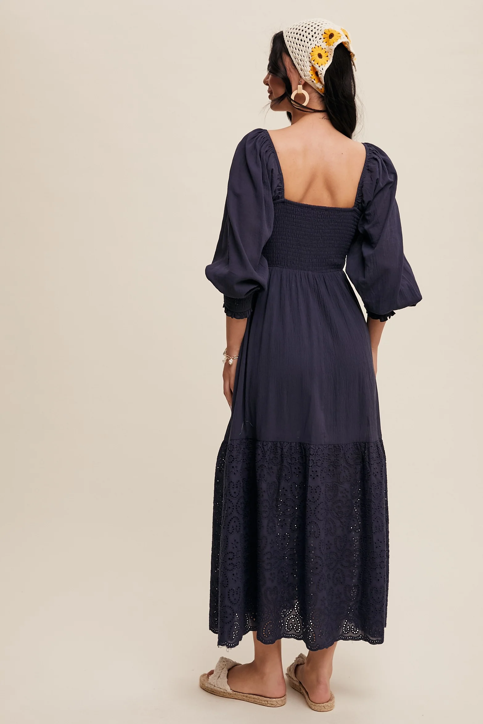 Navy Blue Smocked Eyelet Lace Hem Maxi Dress - Image 4