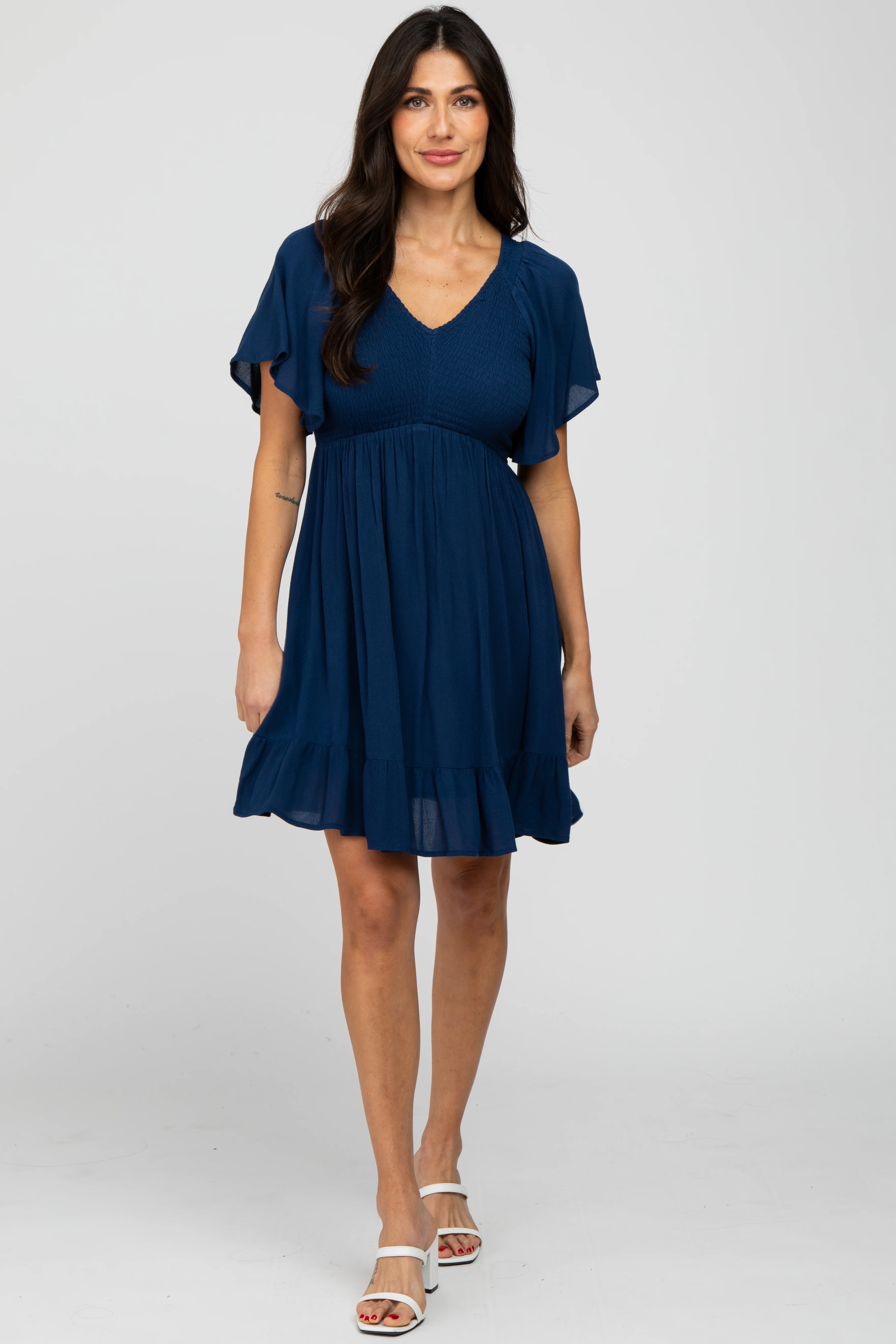Navy Blue Smocked Front Ruffle Hem Maternity Dress - Image 5