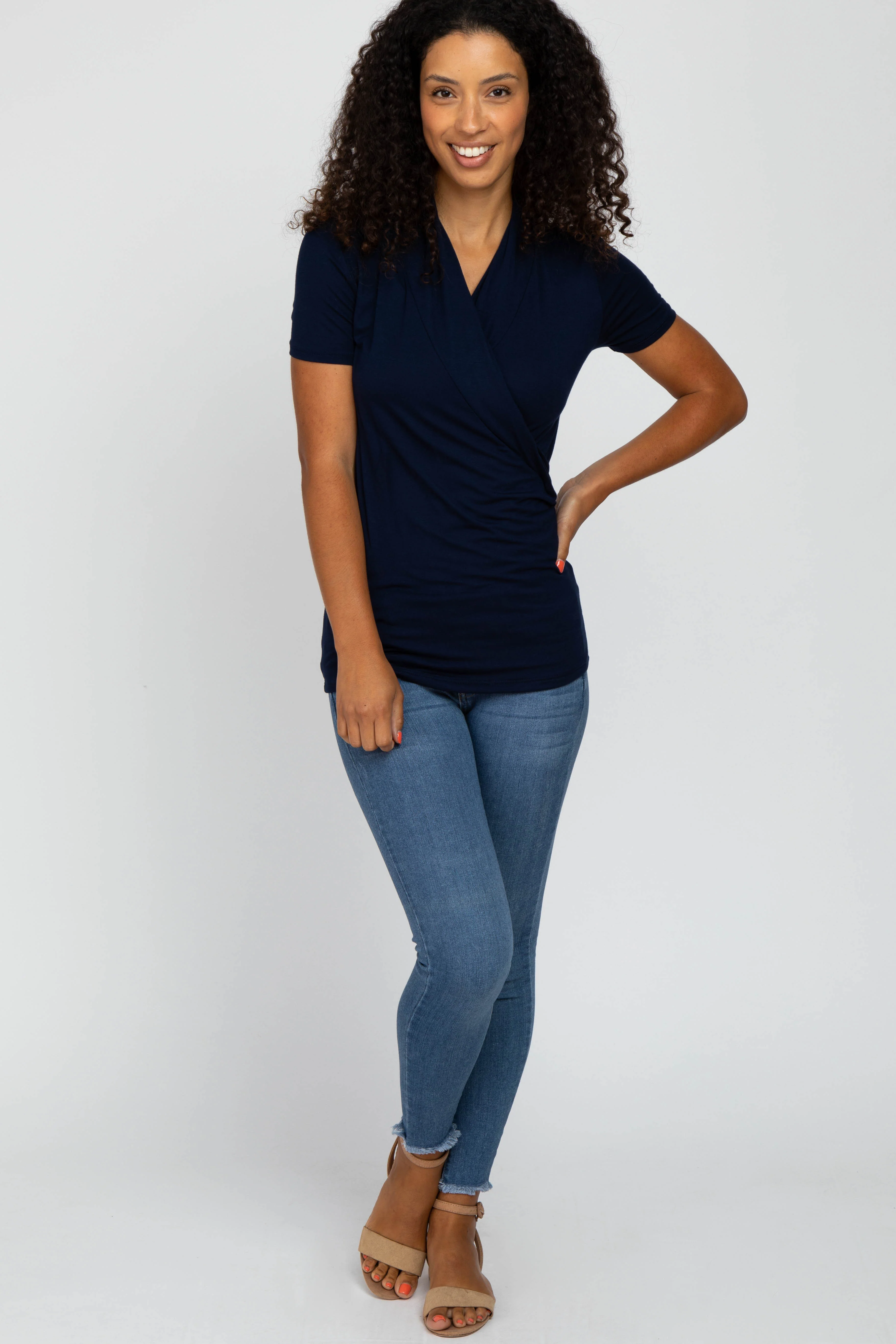 Navy Blue Solid Short Sleeve Wrap Front Nursing Top - Image 5