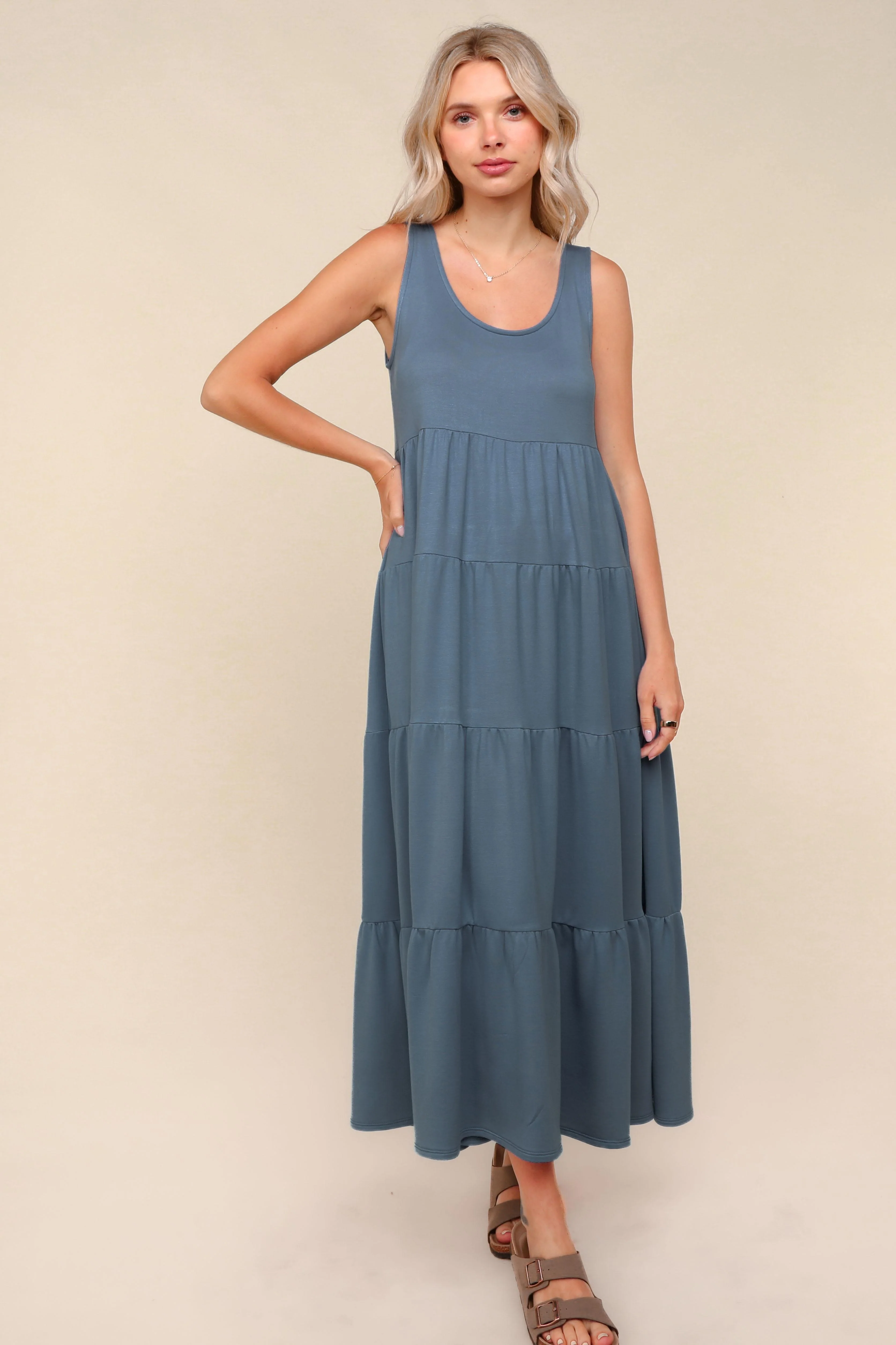 Navy Blue Solid Tiered French Terry Maternity Maxi Dress - Image 4