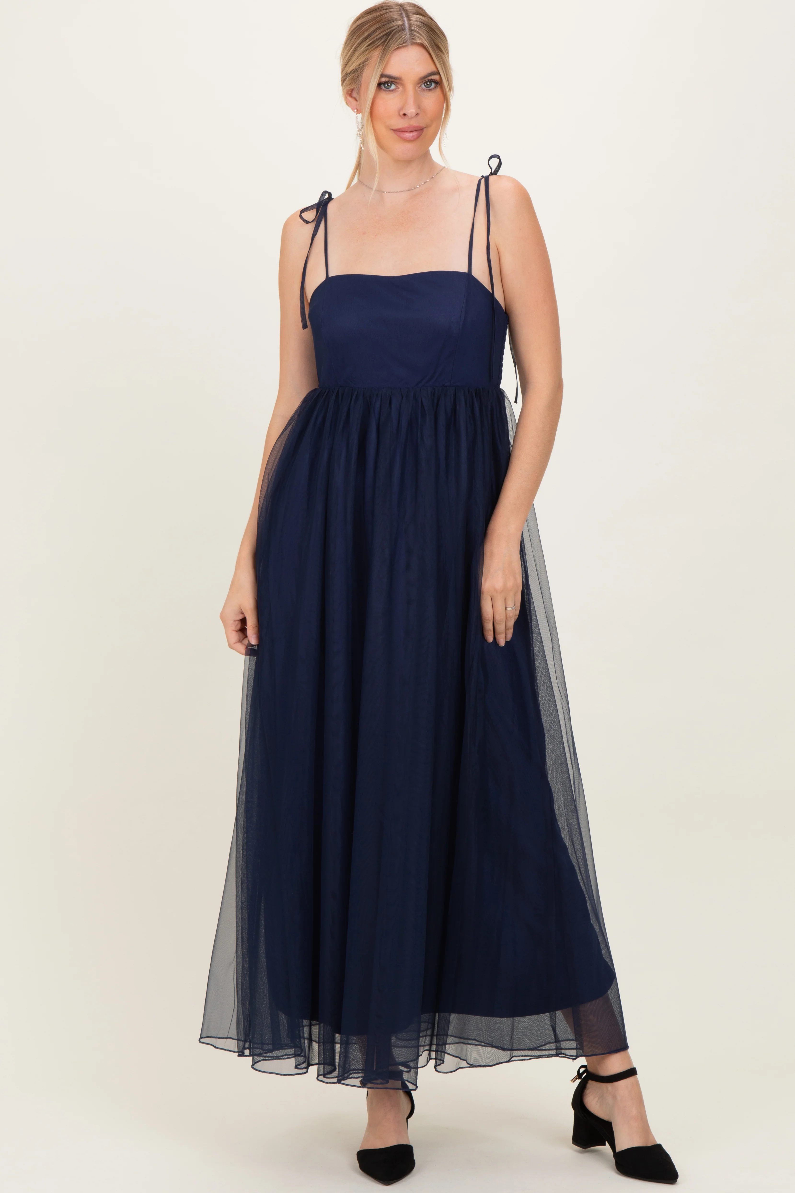 Navy Blue Square Neck Shoulder Tie Tulle Maternity Maxi Dress - Image 6