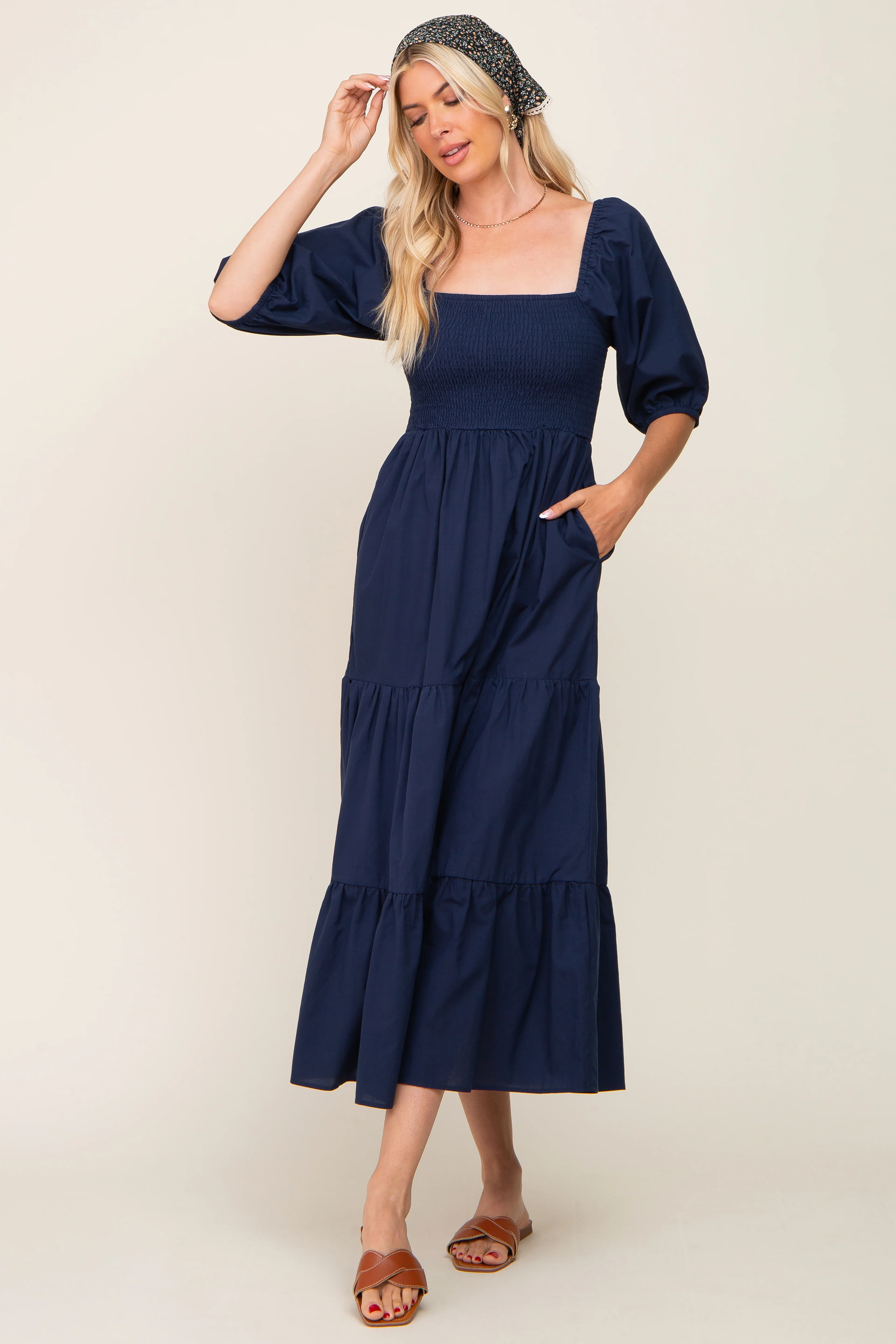 Navy Blue Square Neck Smocked Tiered Maternity Maxi Dress - Image 5