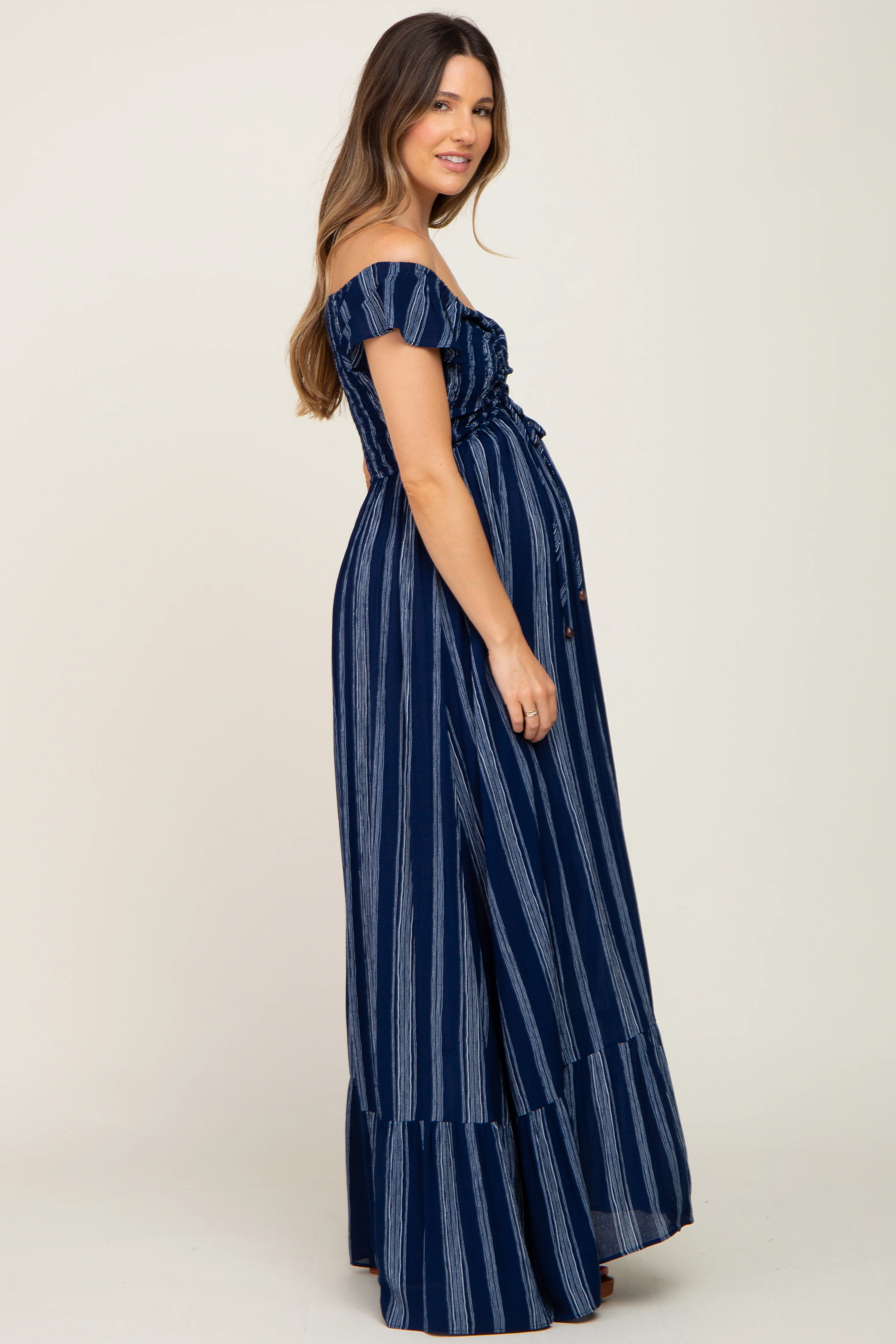 Navy Blue Striped Off Shoulder Front Tie Maternity Maxi Dress - Image 3