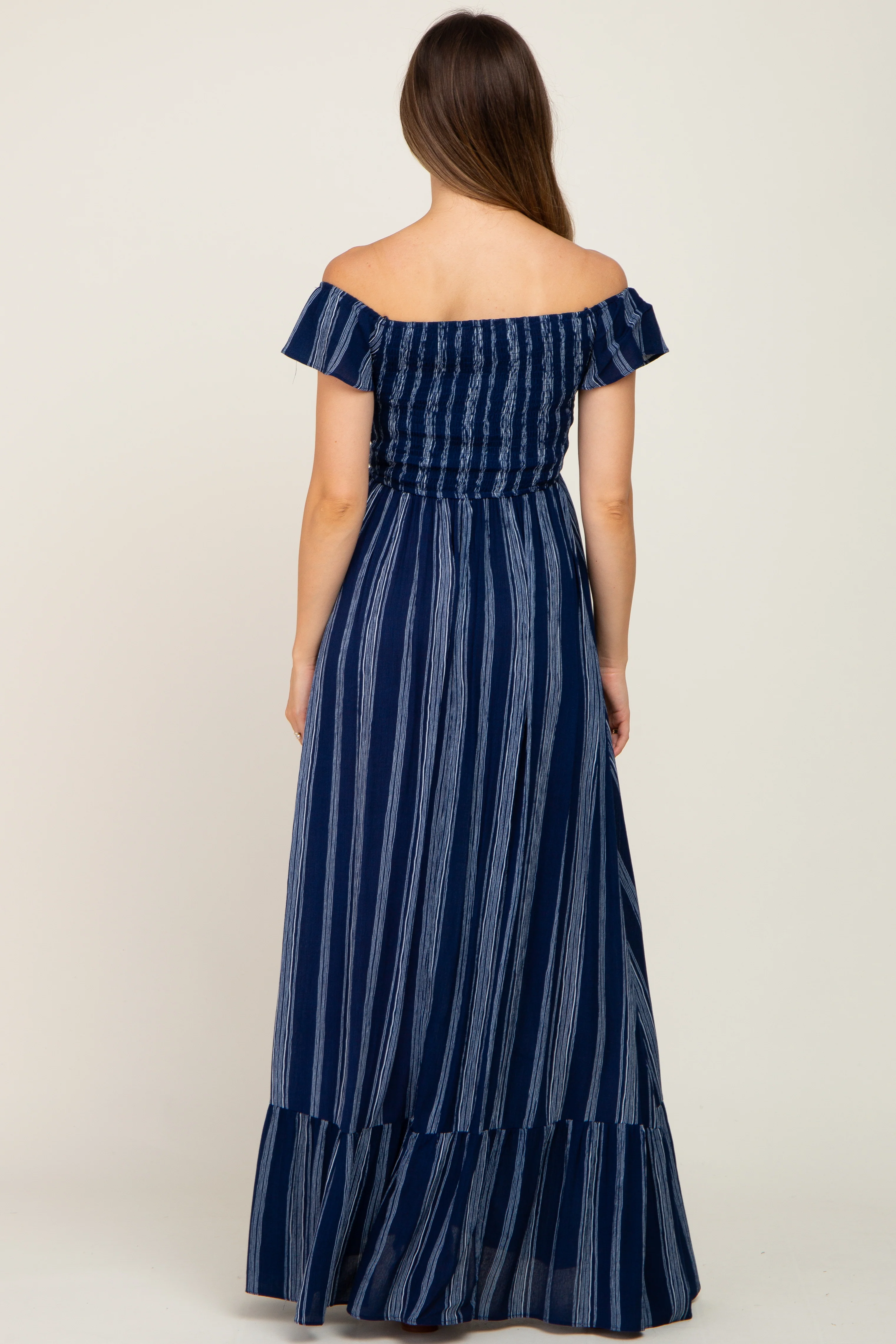 Navy Blue Striped Off Shoulder Front Tie Maternity Maxi Dress - Image 4