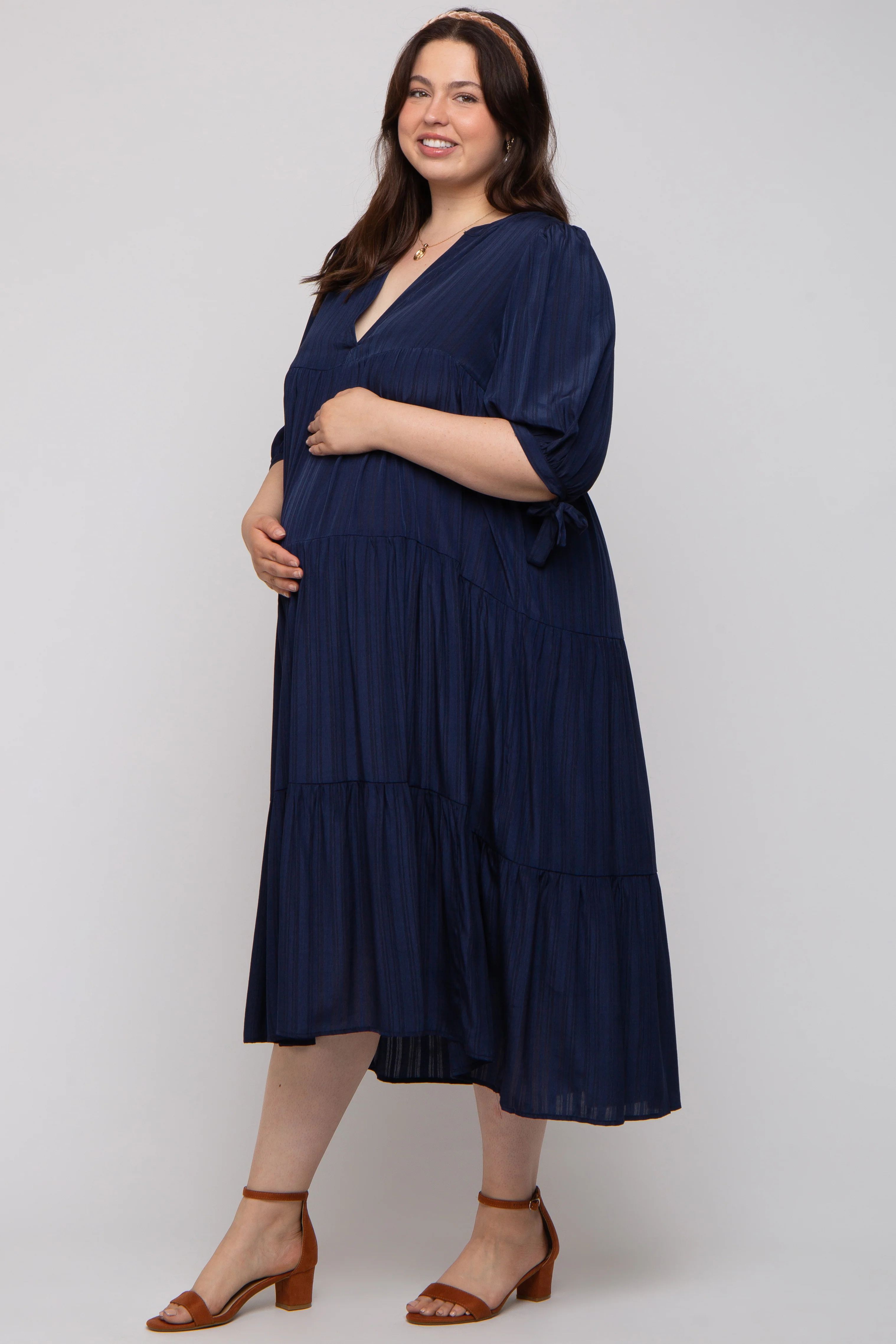 Navy Blue Striped Tiered Maternity Plus Midi Dress - Image 2
